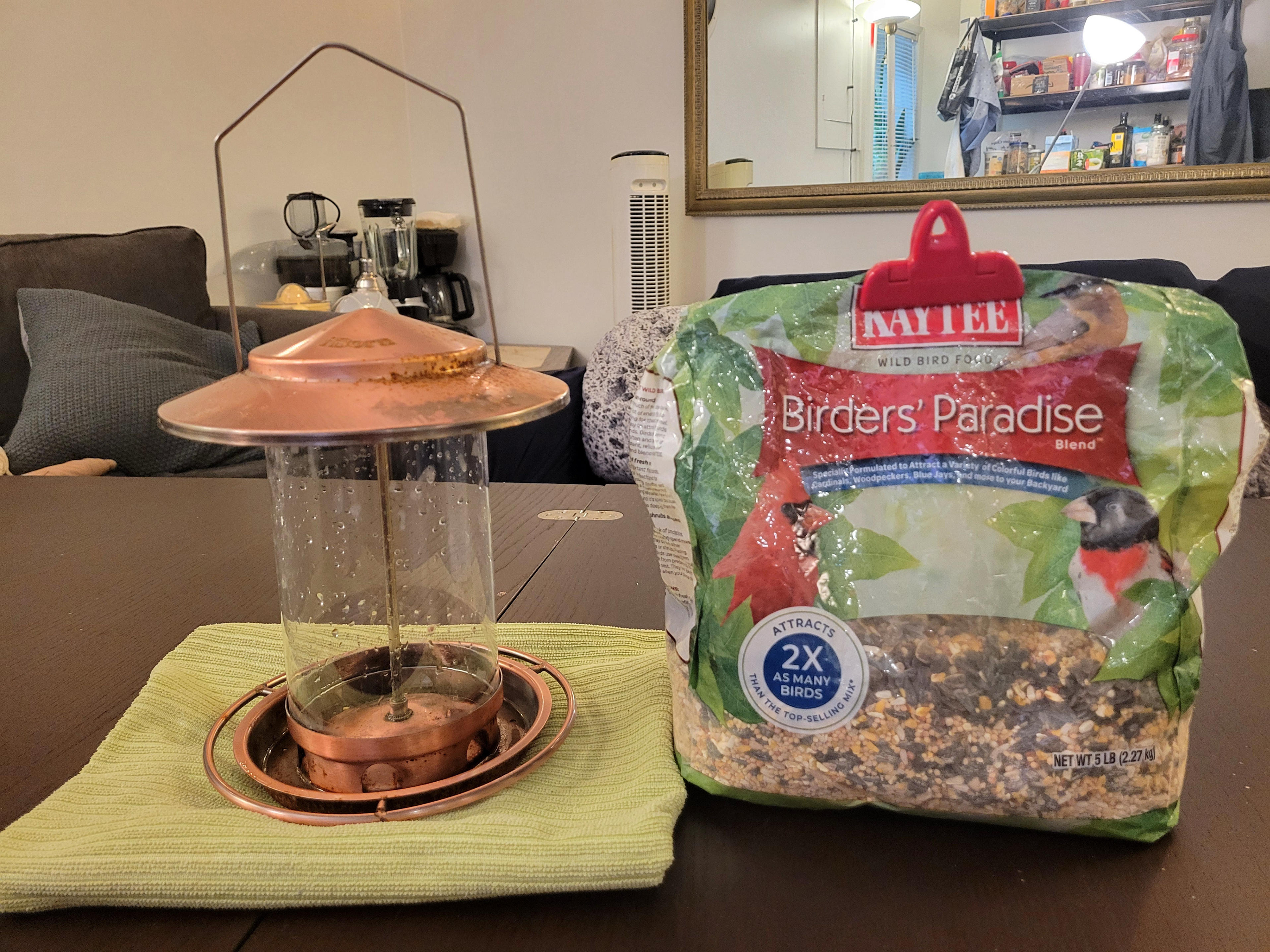 Copper Bird Feeder with seeds