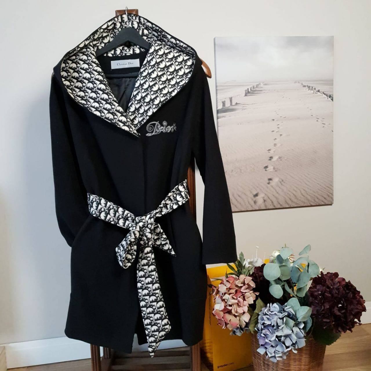 Dior Hooded Coat Black Logo Accent Snap Closure Belt