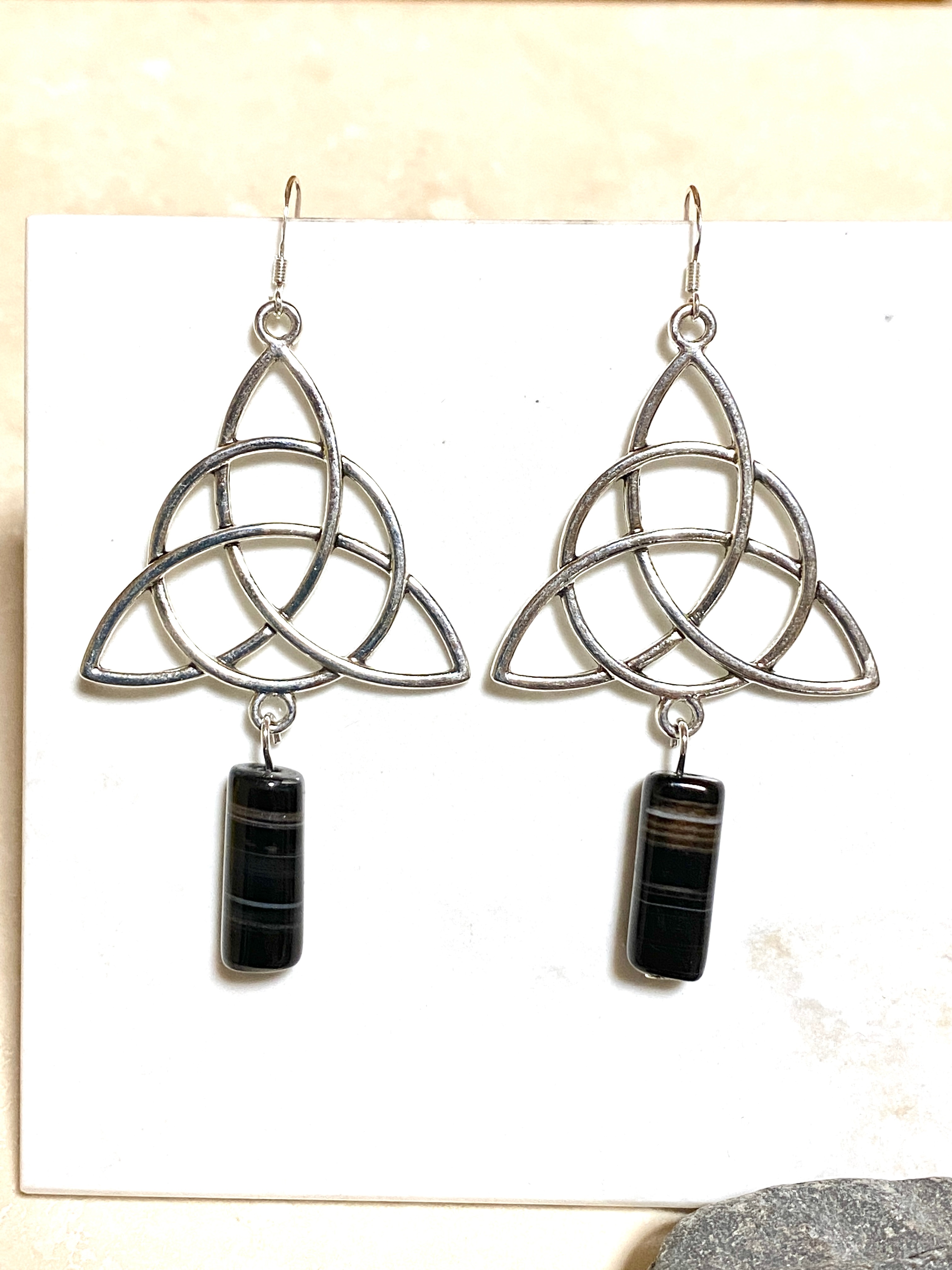 Dark Agate Celtic Trinity Earrings, Sterling Silver Hook