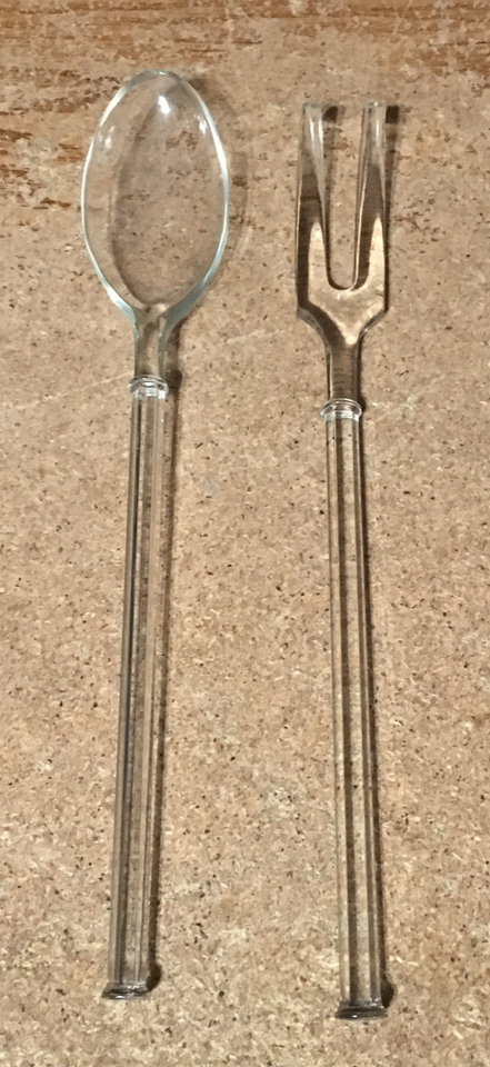 VINTAGE DECO DEPRESSION ERA GLASS SALAD FORK & SPOON CLEAR GLASS