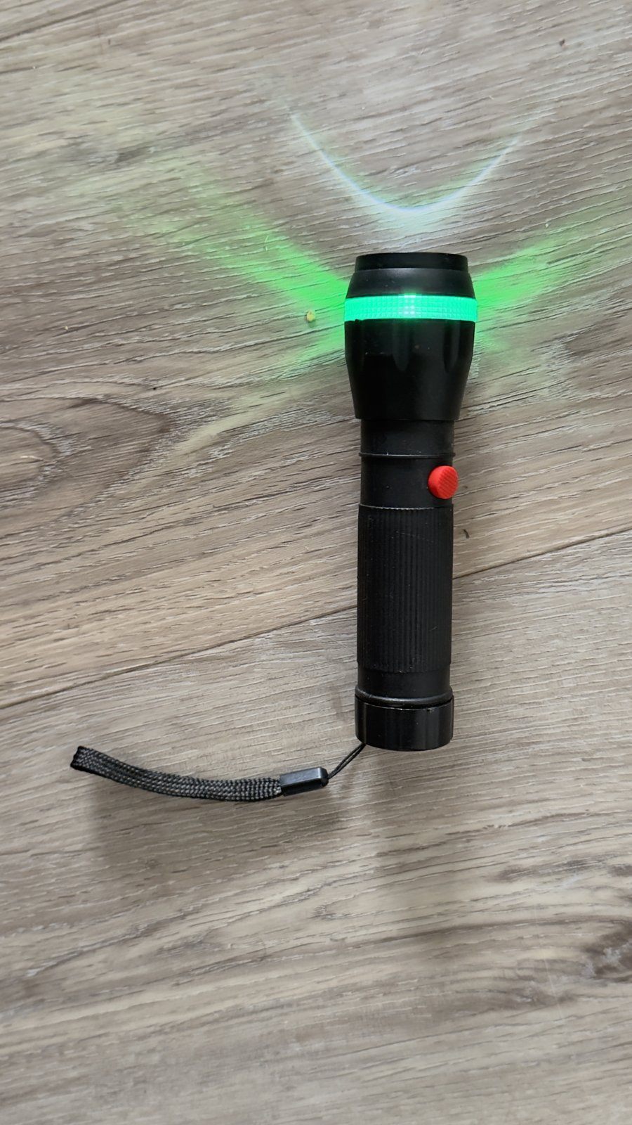 LED Flashlight with Green Glow Ring – Rubber Grip, Wrist Strap