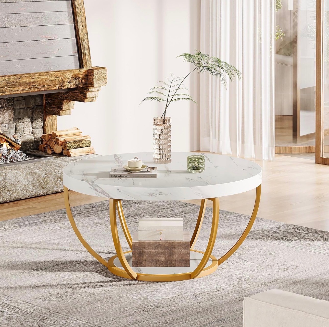 Round Faux-Marble Coffee Table – Gold Legs – Brand New