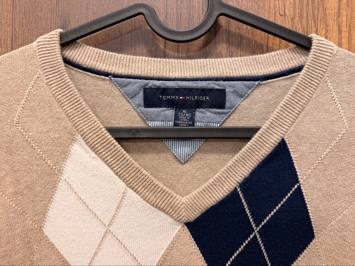 Tommy Hilfiger Beige Argyle V-Neck Sweater, Size XL - photo 3
