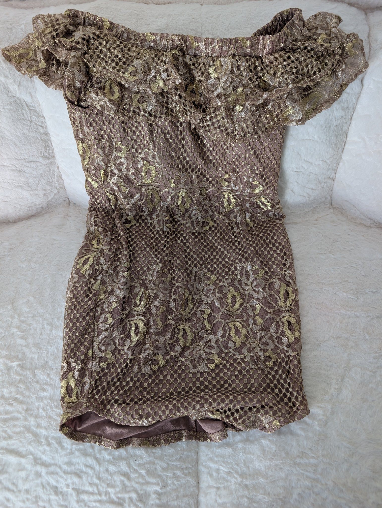 Brown and Gold Lace Off-Shoulder Mini Dress