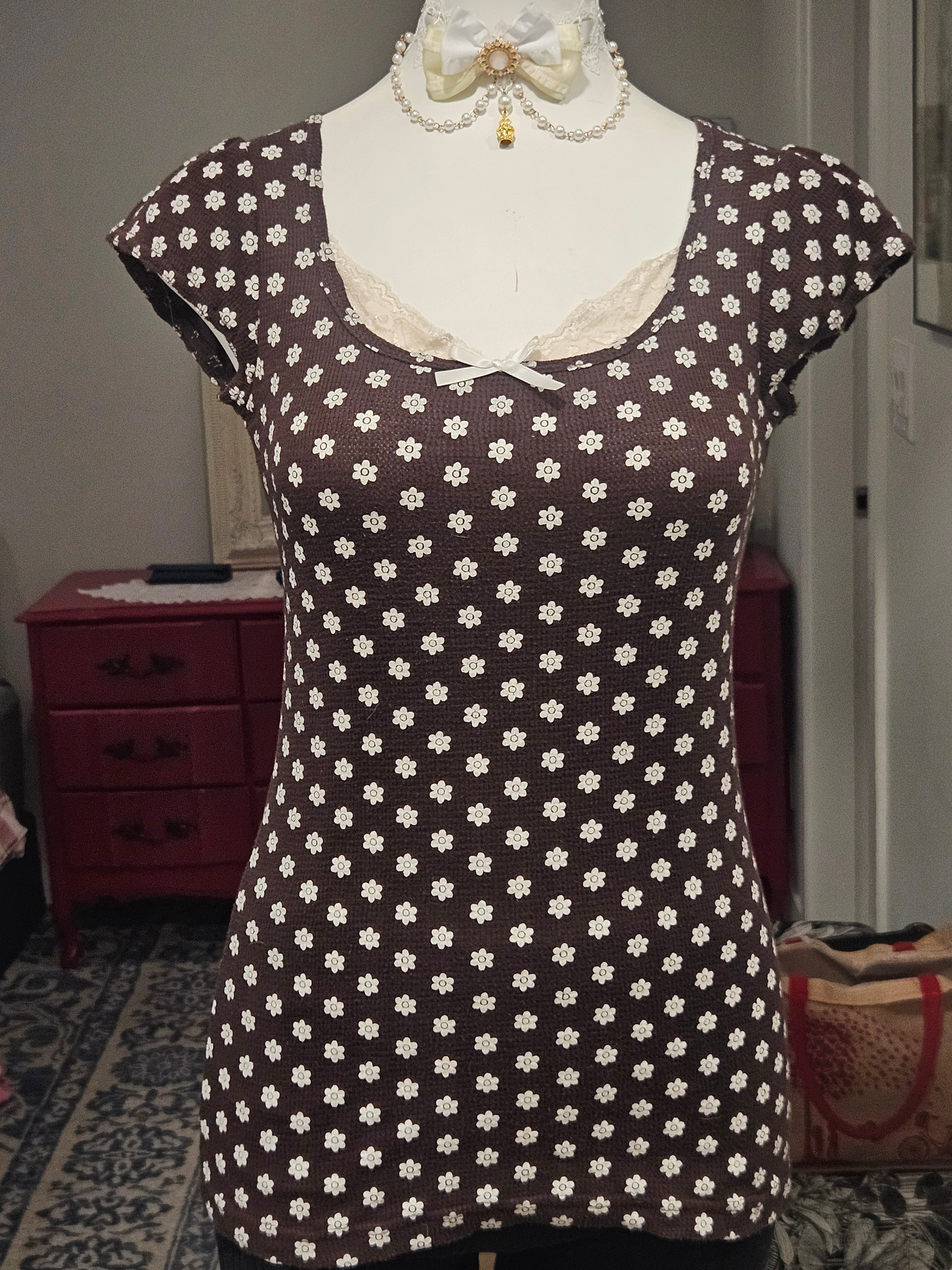 Brown and white floral lace top