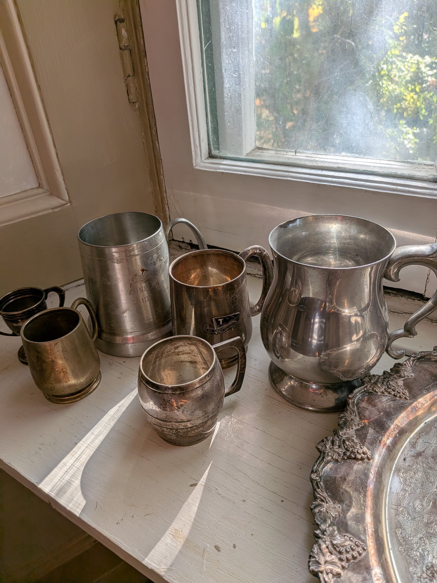 Vintage Silver Serving Lot: Trays, Mugs, Tankards, Vase, Box - photo 3