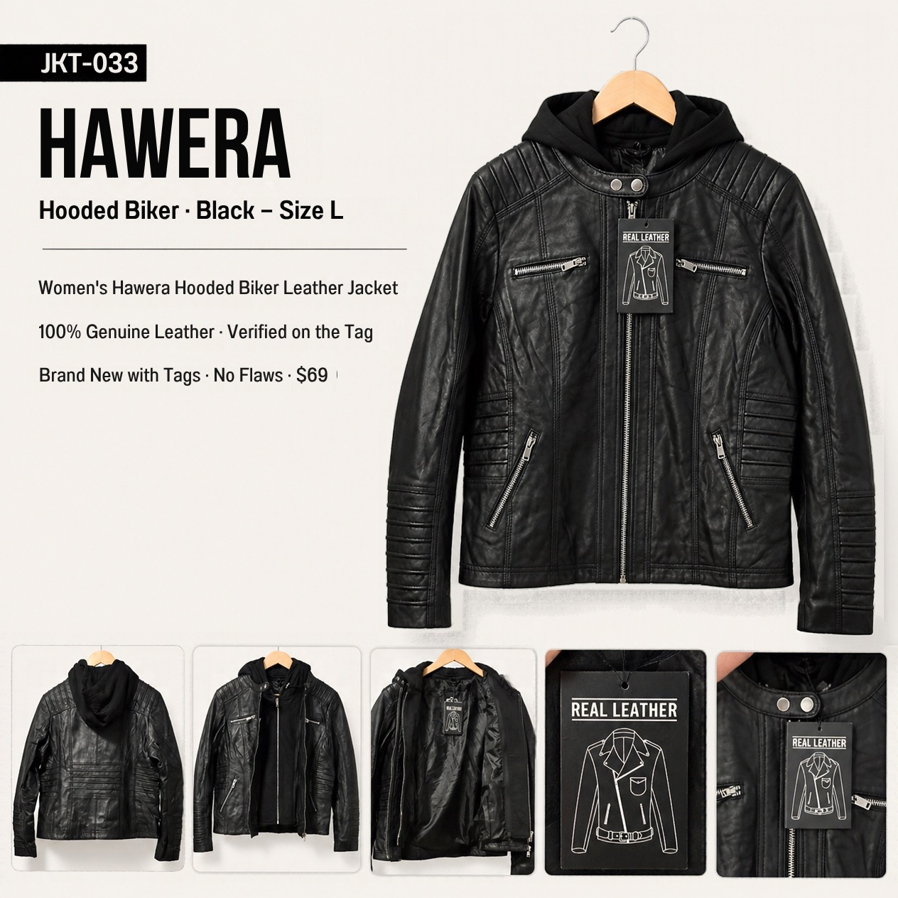 JKT-033 — Women's Hawera hooded biker jacket — brand new size L