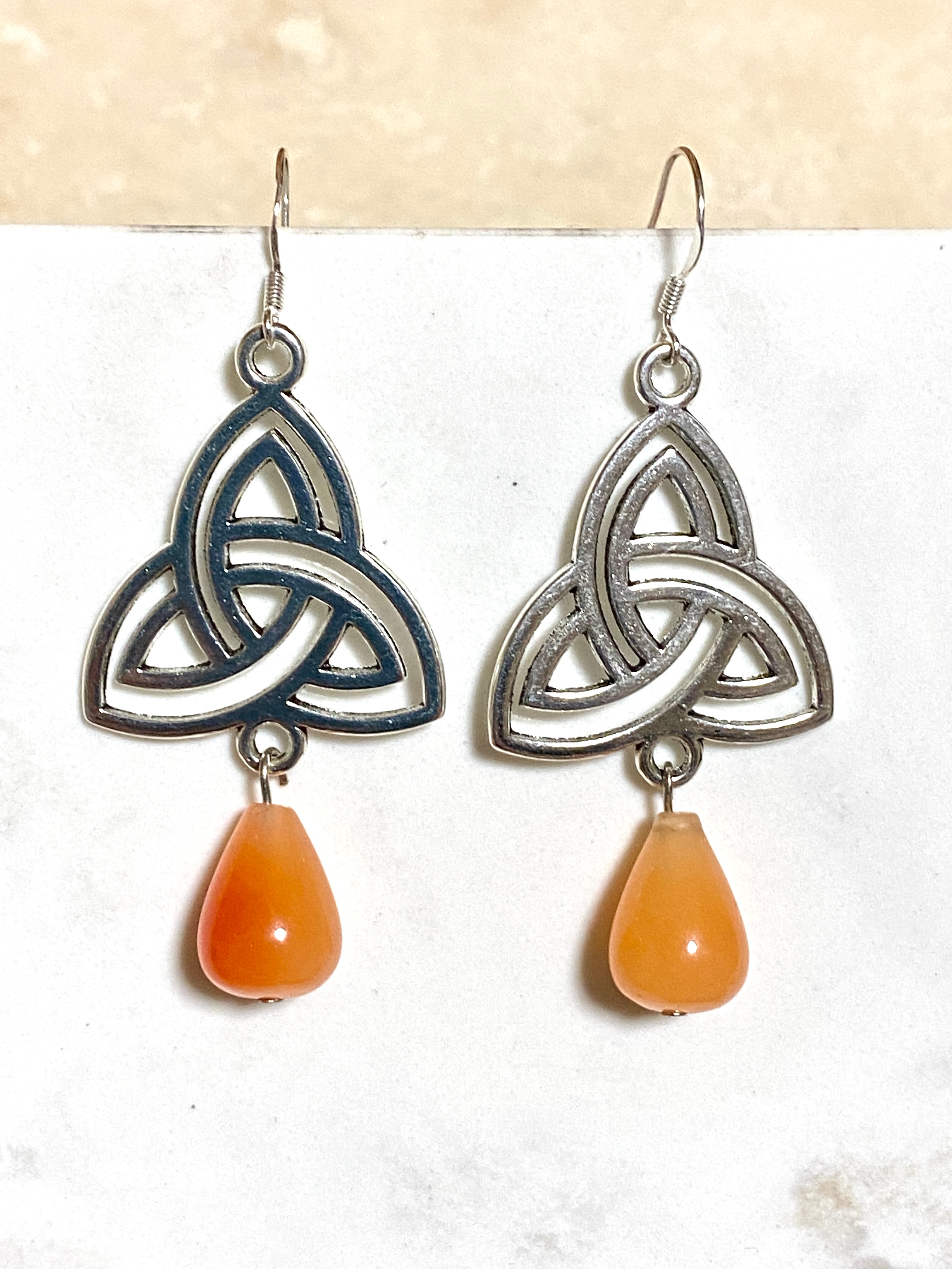 Orange Carnelian Agate Triqueta Earrings, Sterling Silver Hook - photo 2