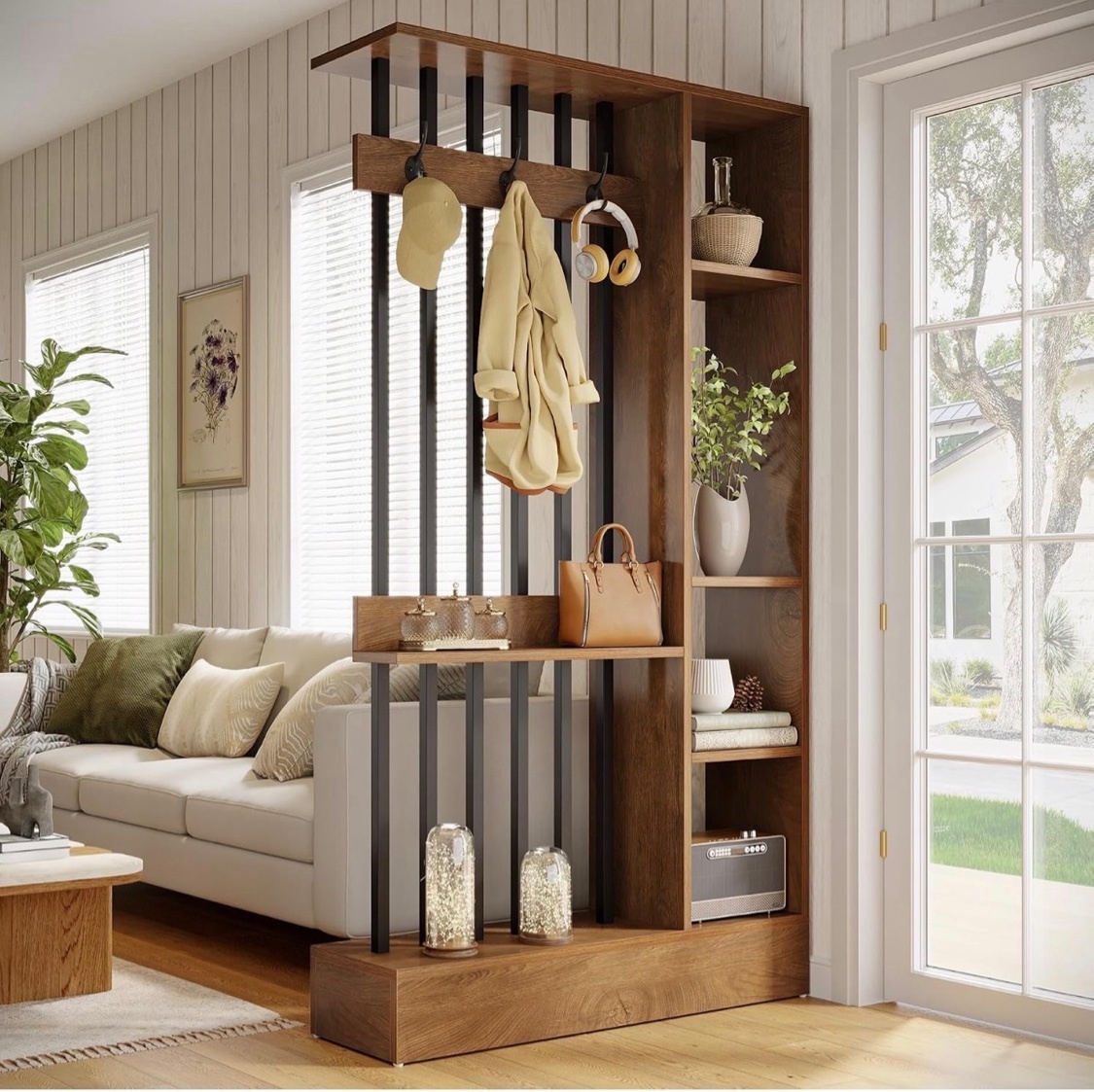 Room Divider with Coat Hooks & Shelves – Walnut
