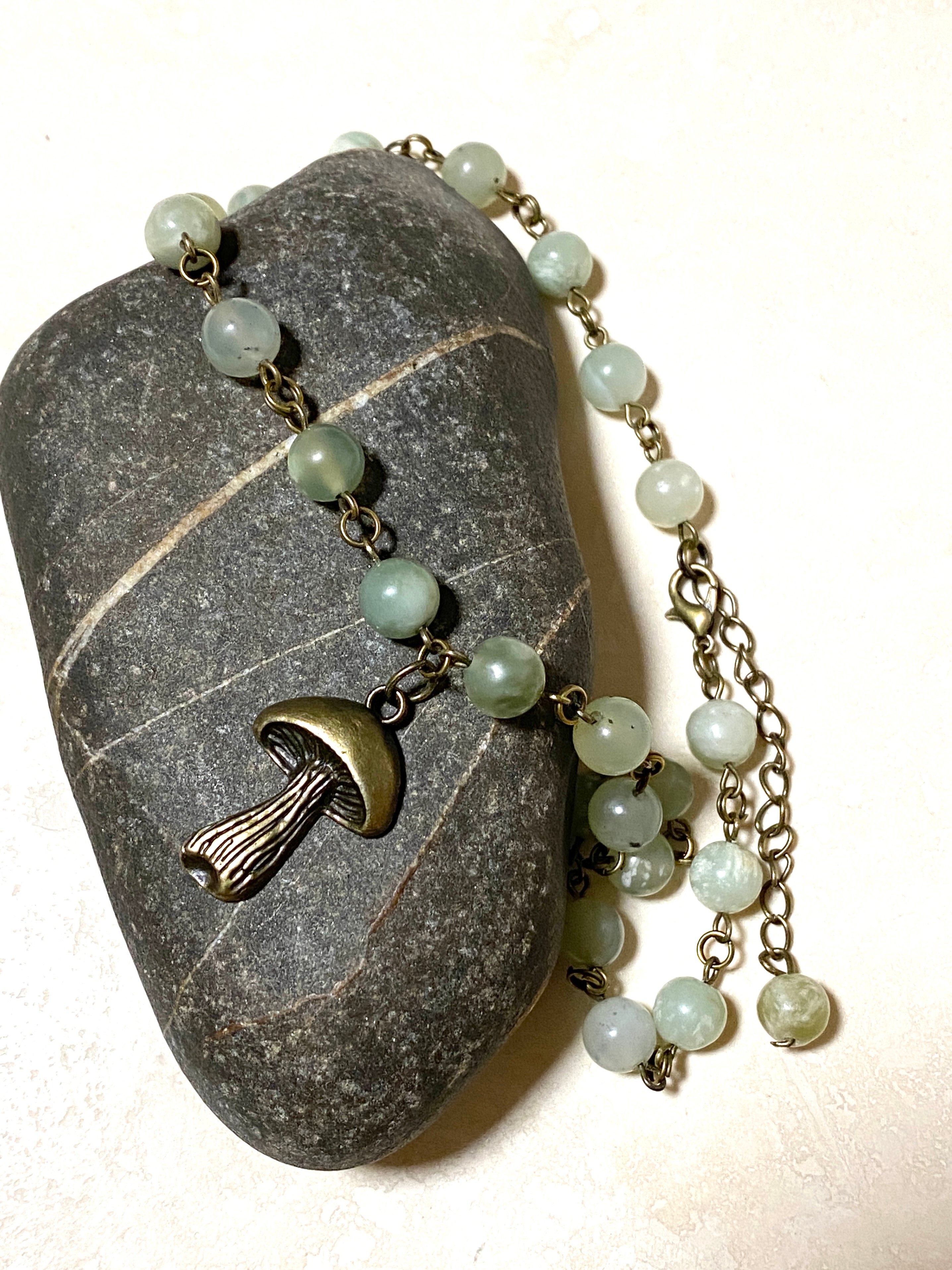 Mint Green Serpentine Short Necklace, Bronze Slim Mushroom Charm - photo 5