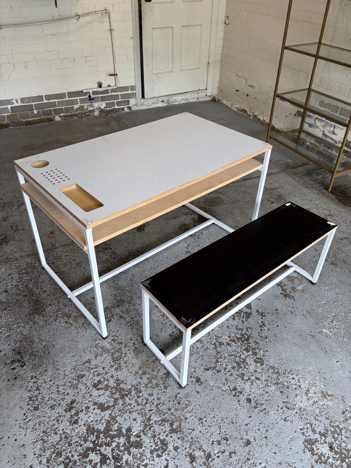 Modern Steel and Plywood Table with Matching Bench