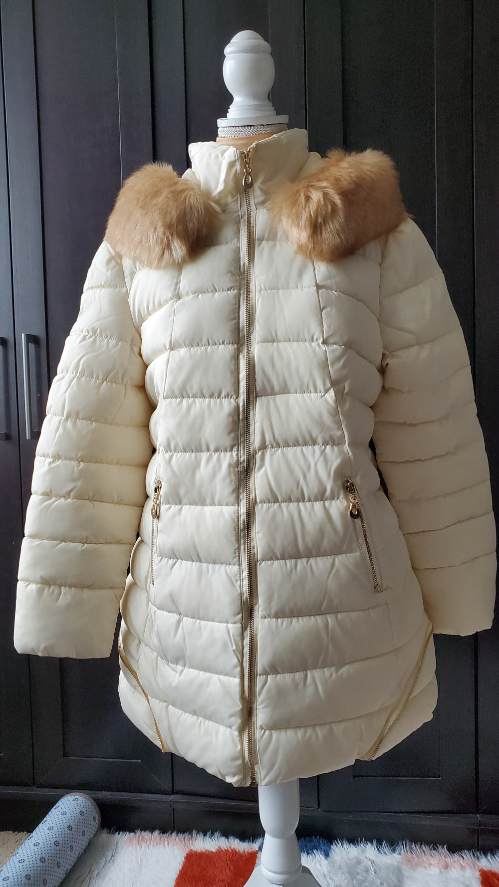 Gorgeous Beige Puffer Coat with Hood and Fur Trim -  NEW!