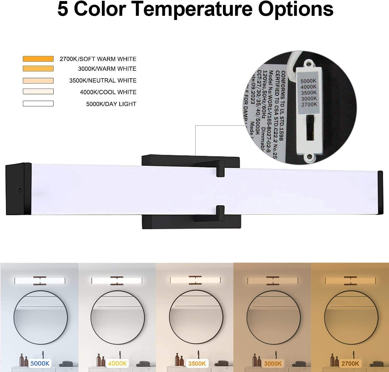 24" Black LED Bathroom Vanity Light & Night Light, Stepless Dimm - photo 5