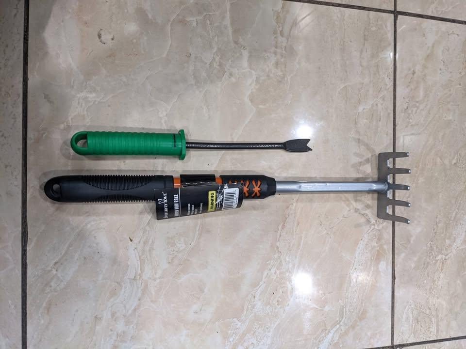 NEW Garden tools, 2 pieces for $10, bow rake and poly weeder