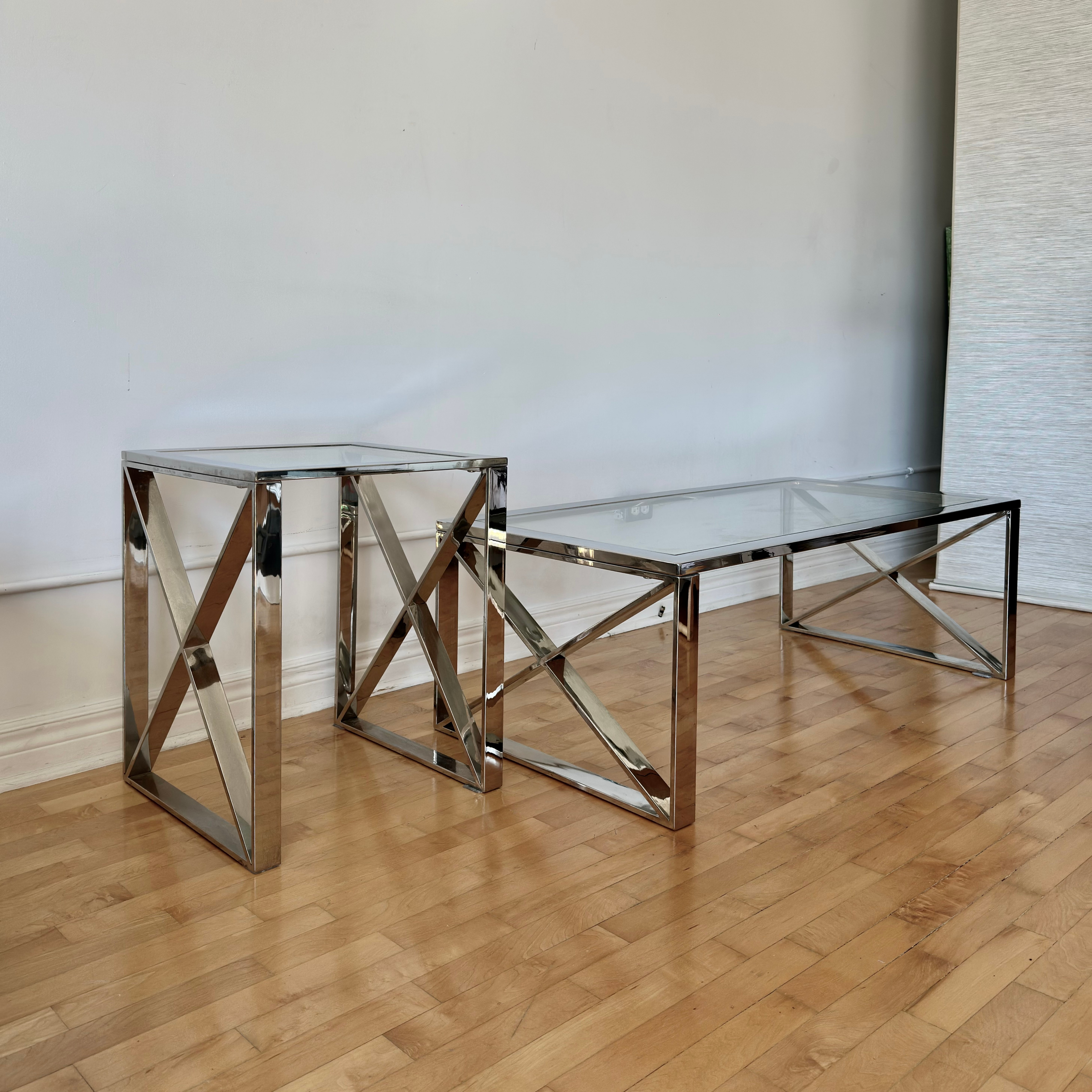 Bouclair Chrome and Glass Coffee Table and Side Table Set