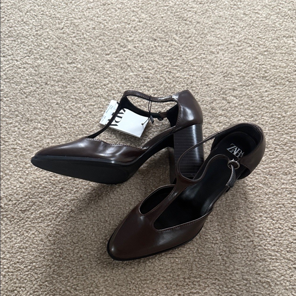 Brand New Zara Chocolate Brown T-Strap Block Heel Pumps - photo 3