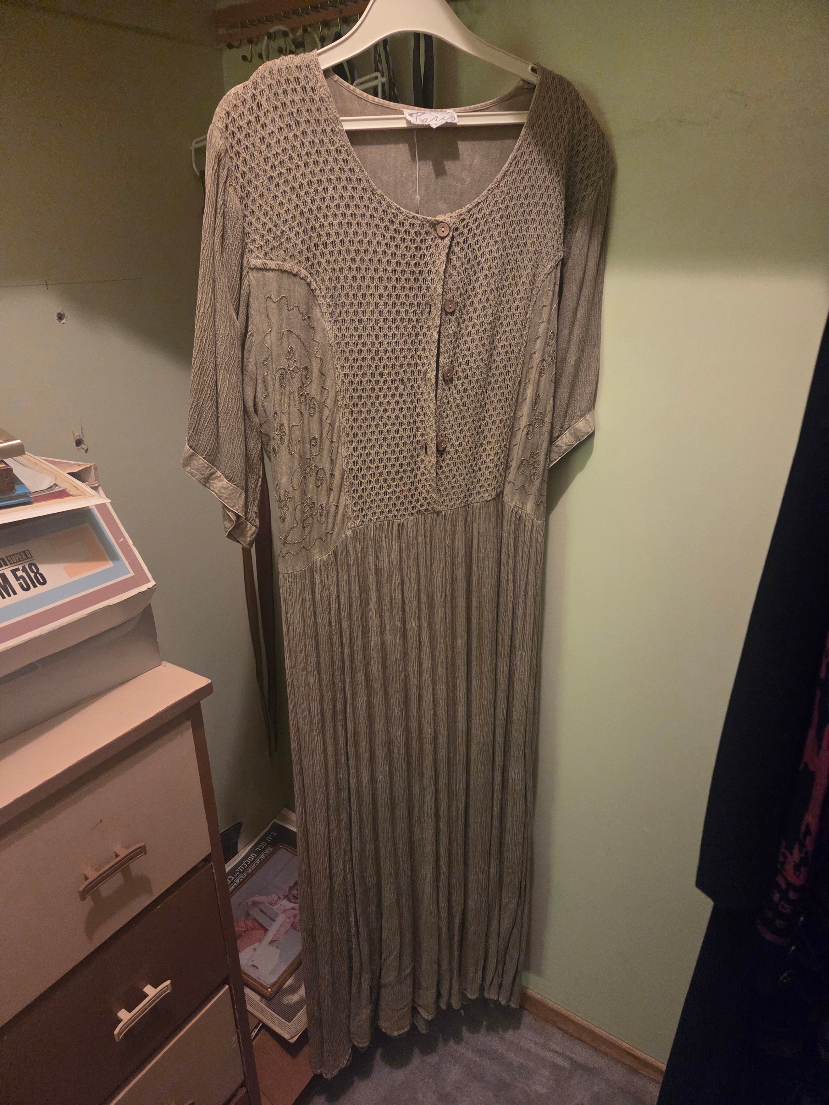 Vintage Style De Paris Boho Crochet Beaded Crinkle Maxi Dress XL