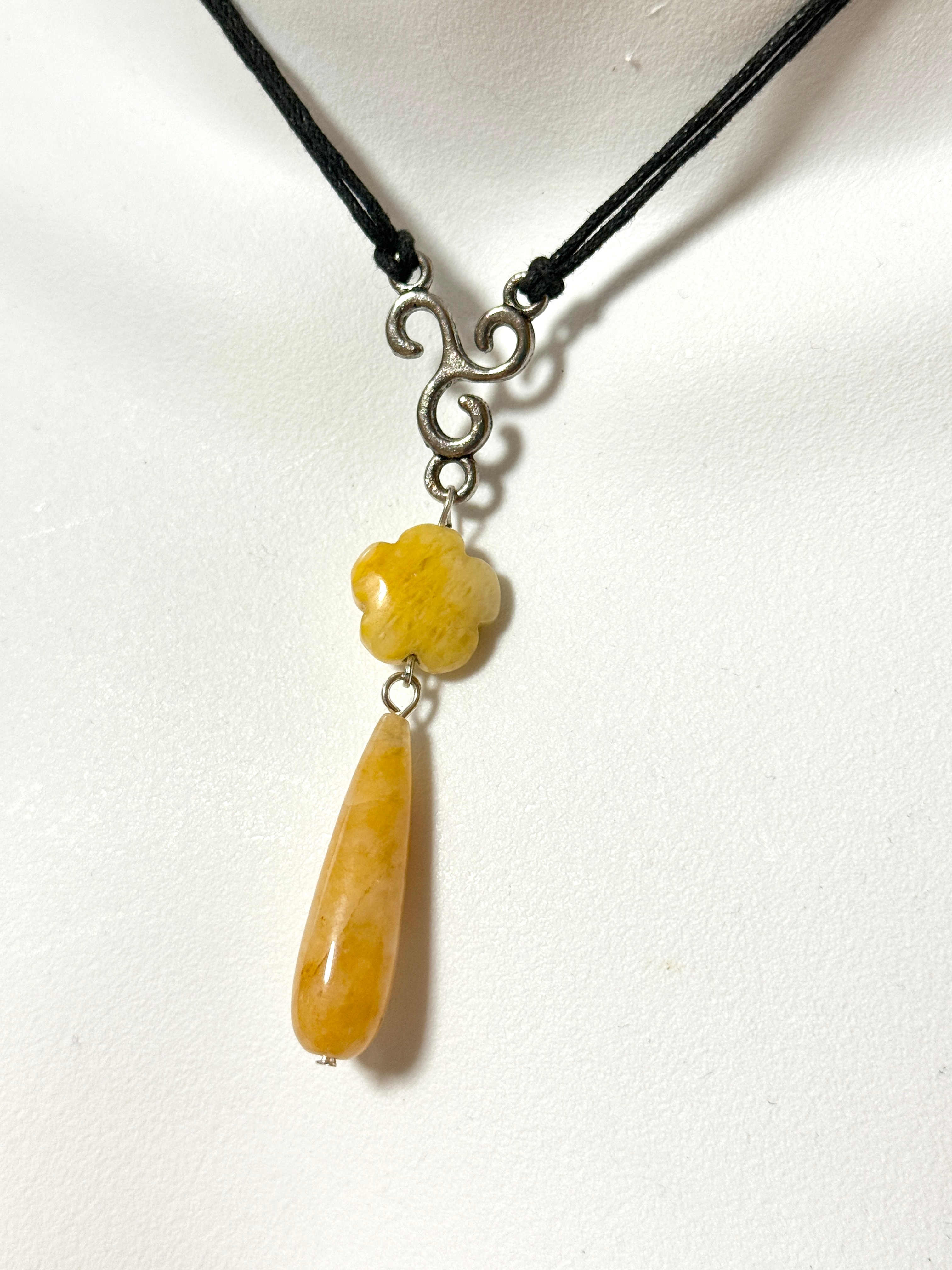 Yellow Orange Aventurine Flower Necklace, Black Cord Necklace