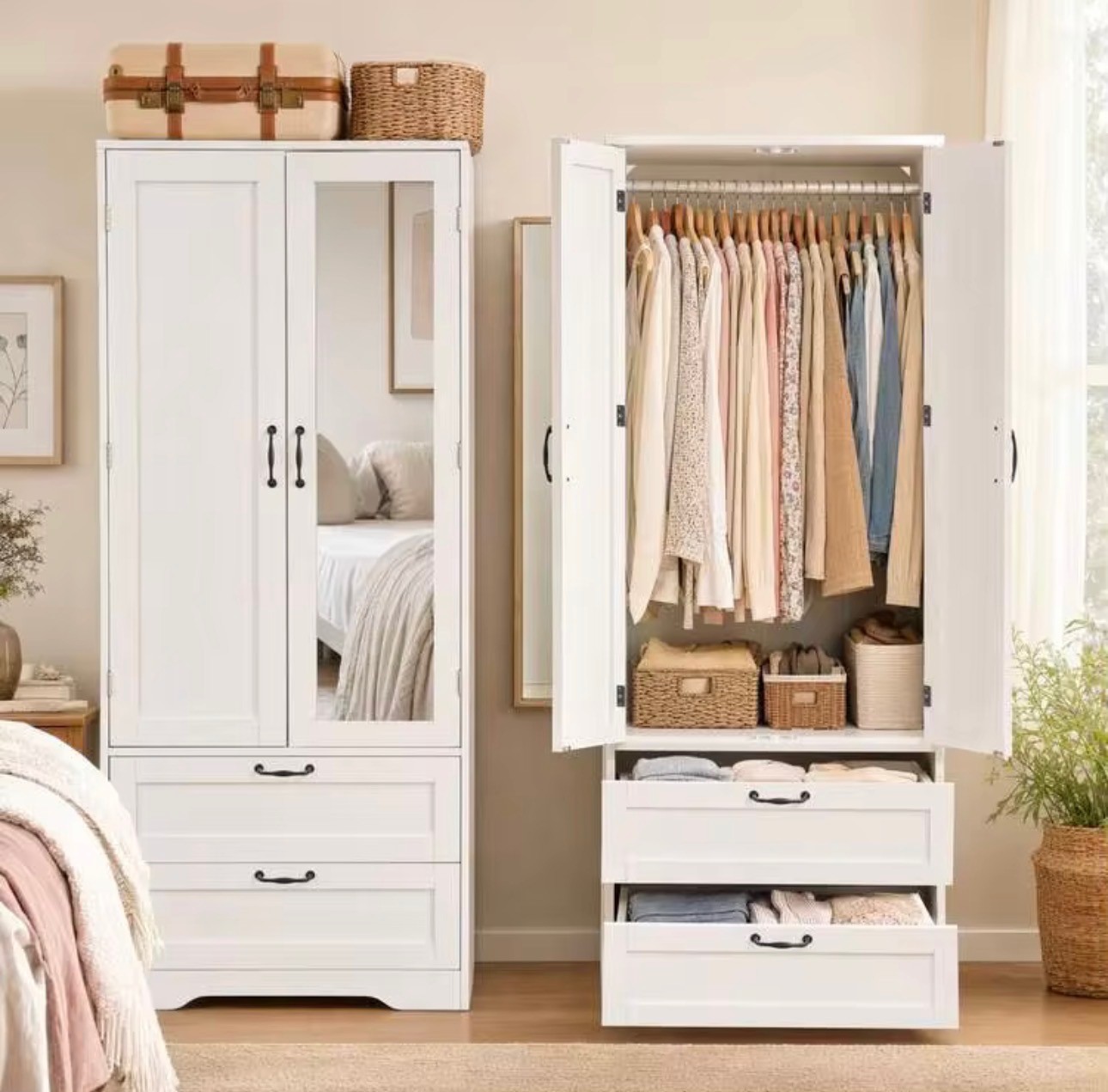 White Wardrobe with Mirror Door & 2 Drawers - Brand New