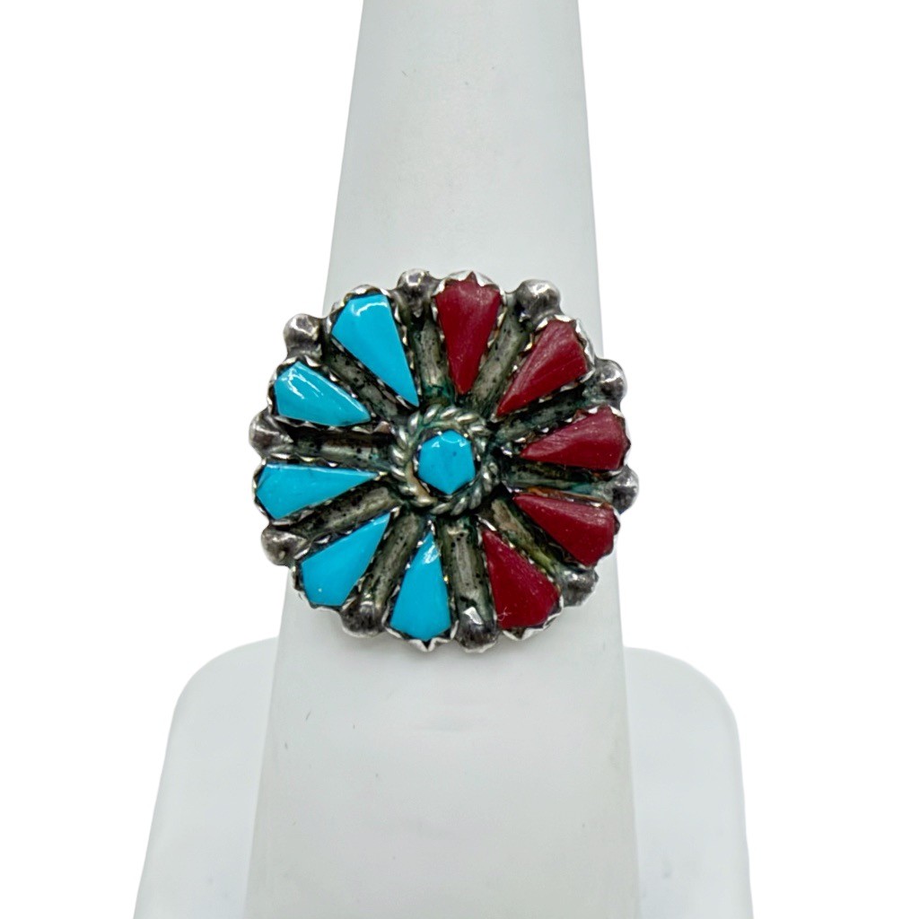 Navajo SB sterling silver turquoise & coral ring