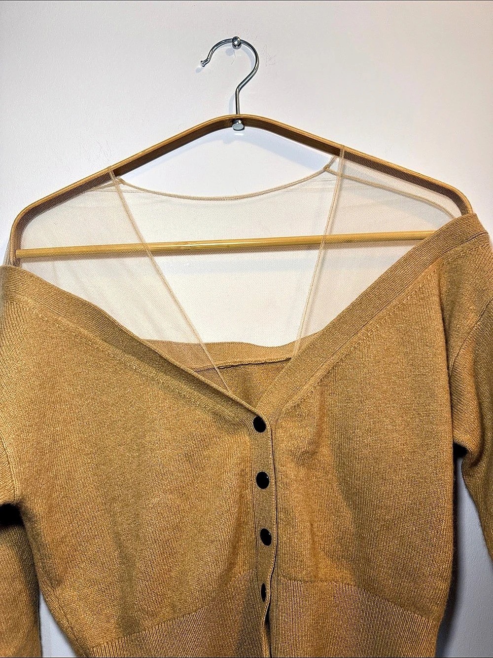 AW inspired Brown Mesh Cashmere blend Button-Front Crop Cardigan - photo 3