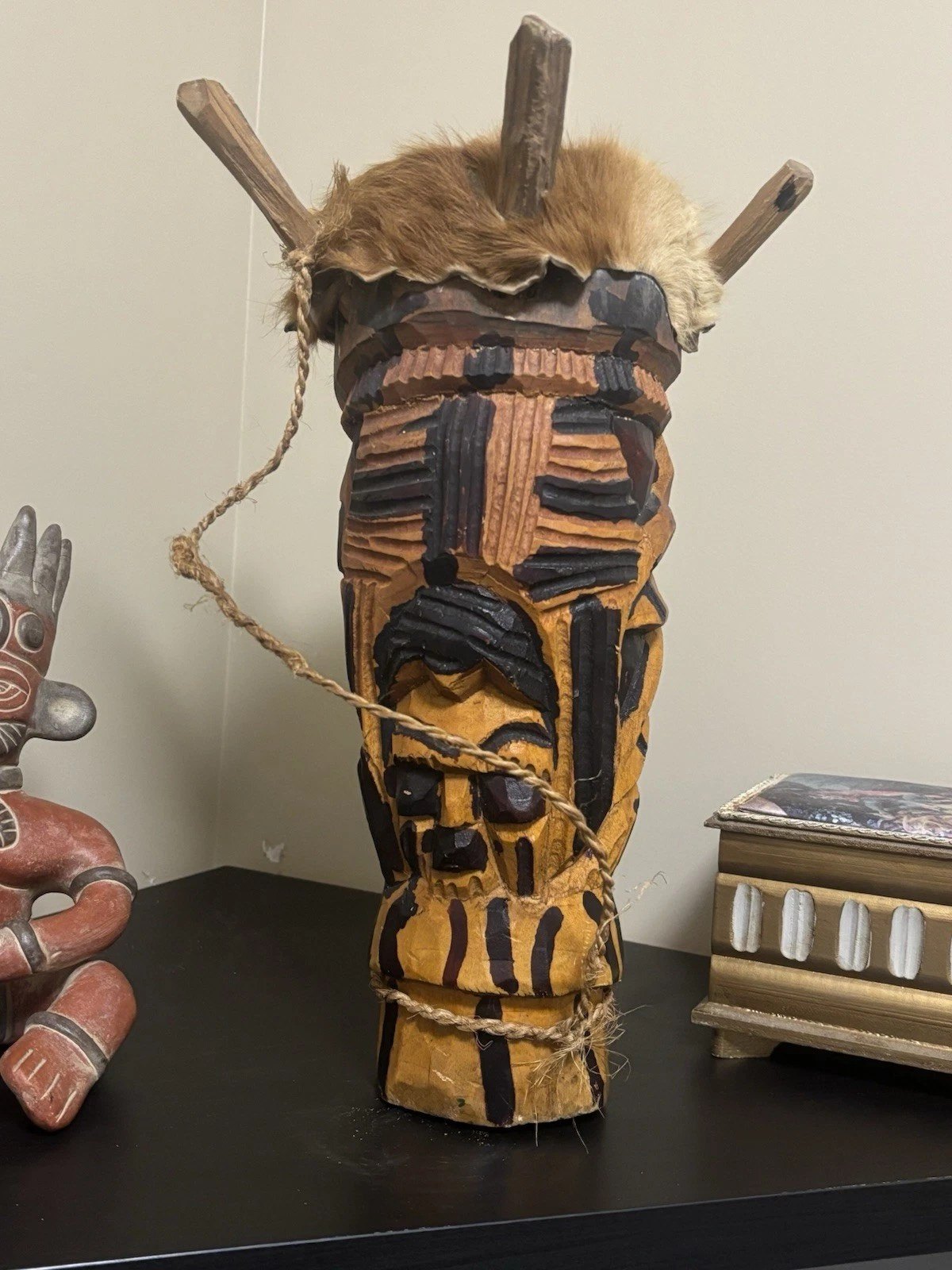 African-Style Carved Drum, Wood Skin Head