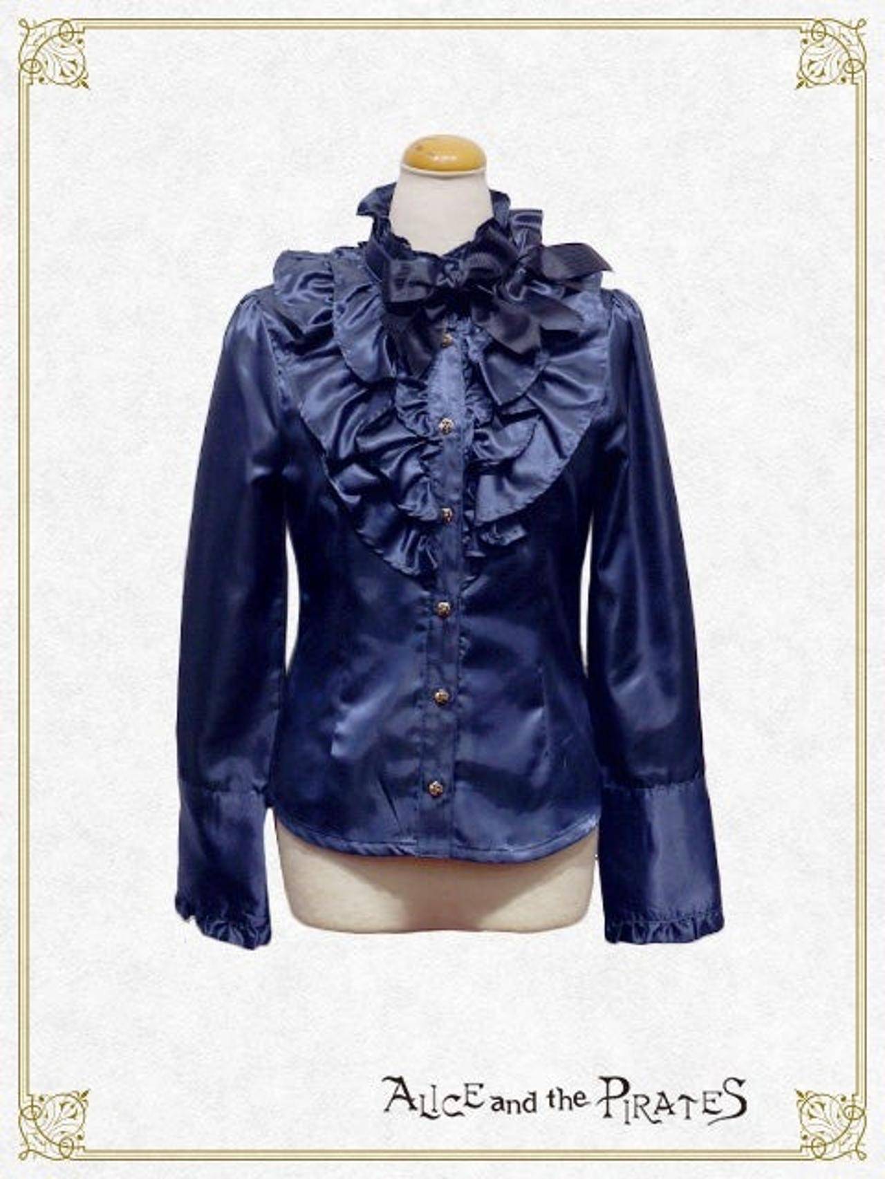 ALICE and the PIRATES Navy Satin Frill Blouse - Size S