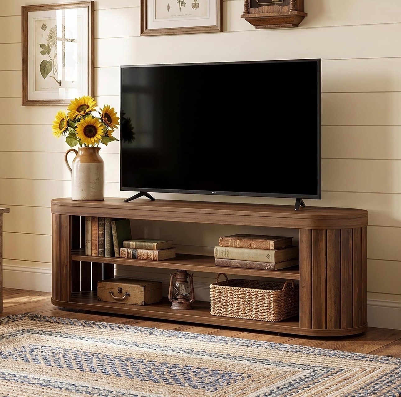 Wooden TV Stand – Fluted Console with Open Shelves – Brand New