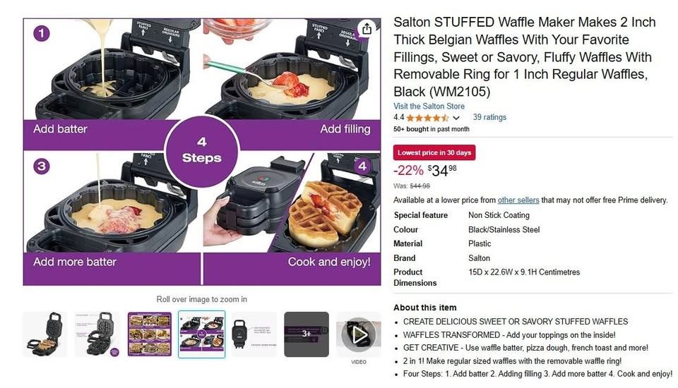 Salton STUFFED Waffle Maker Makes 2 Inch Thick Belgian Waffles