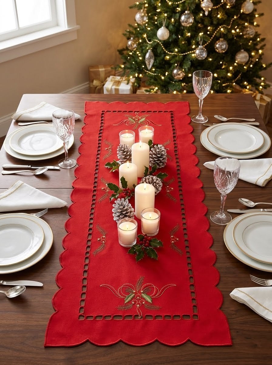 Festive Red Christmas Table Runner with Scalloped Edges