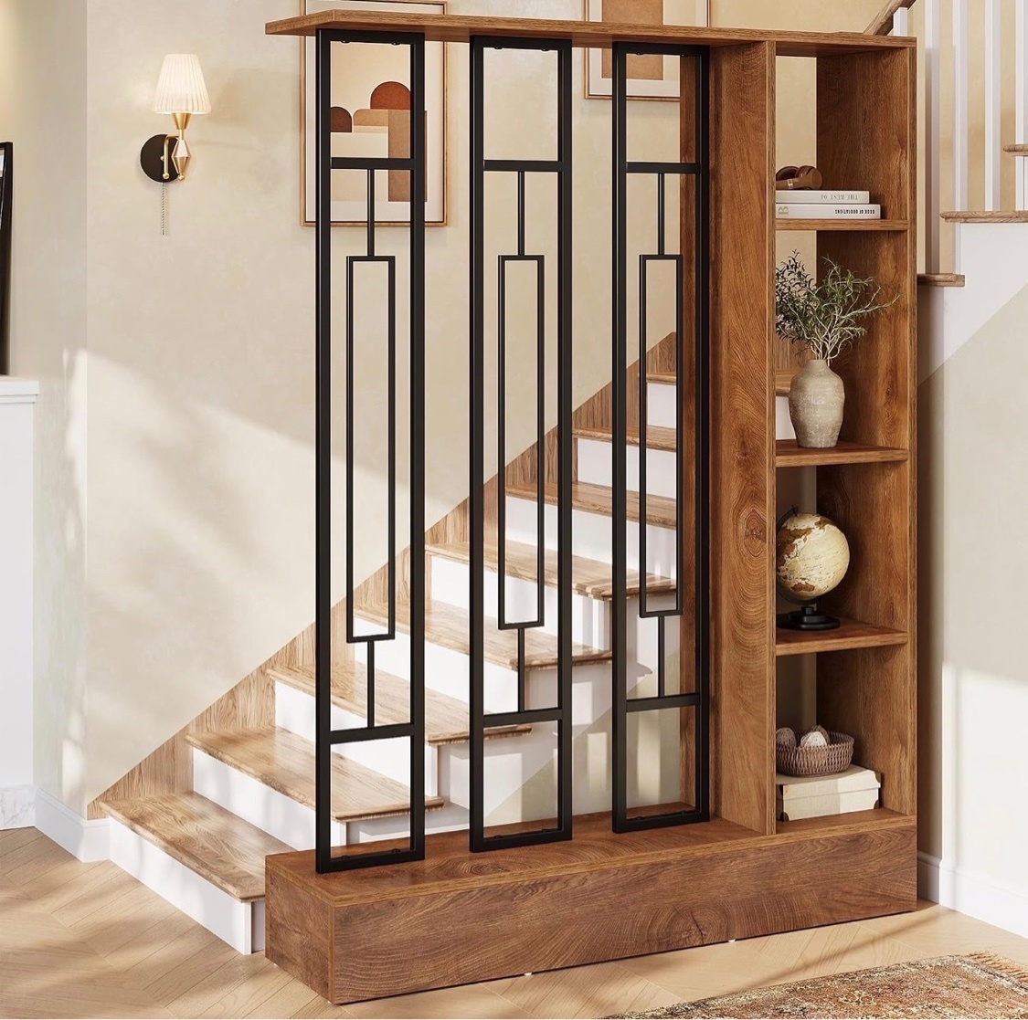 Room Divider with Shelves – Walnut & Black Metal – Brand New