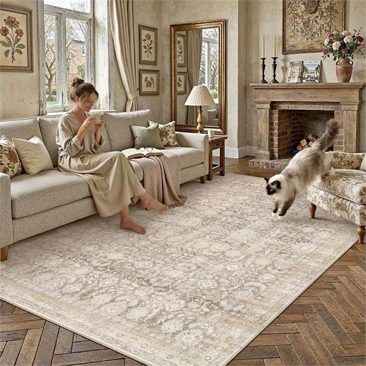 New - 6x9 Washable Area Rug / Carpet - Beige Vintage Floral