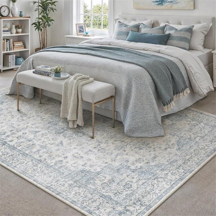 New - 5x7 Washable Area Rug / Carpet - Neutral Blue Vintage - photo 2