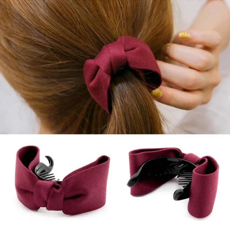 Wine Red Fabric Ribbon Bow Banana Hair Clip