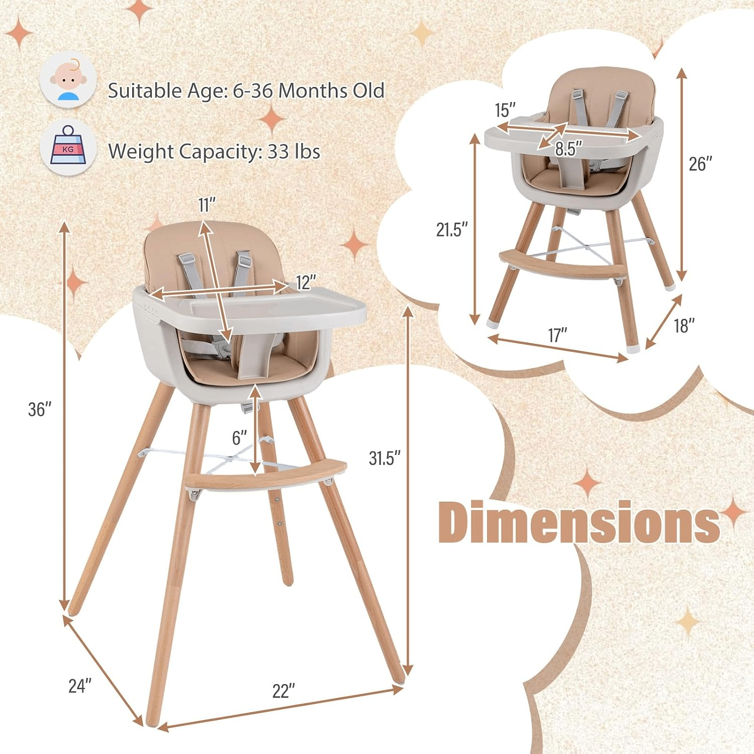 KOTEK 3 in 1 Convertible Wooden Baby High Chair Light Brown