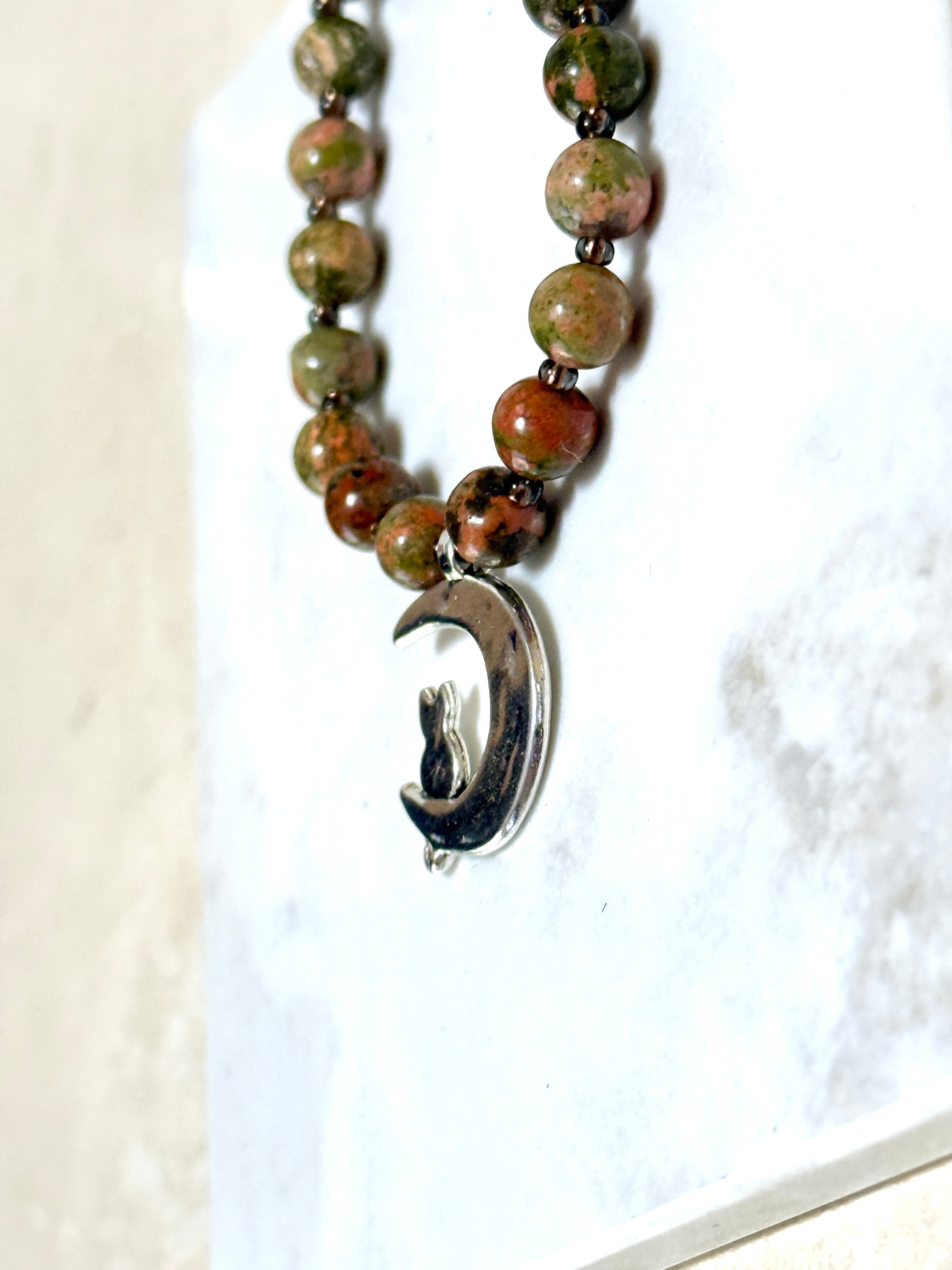 Green Unakite Short Necklace, Silver Cat on the Moon Pendant - photo 4
