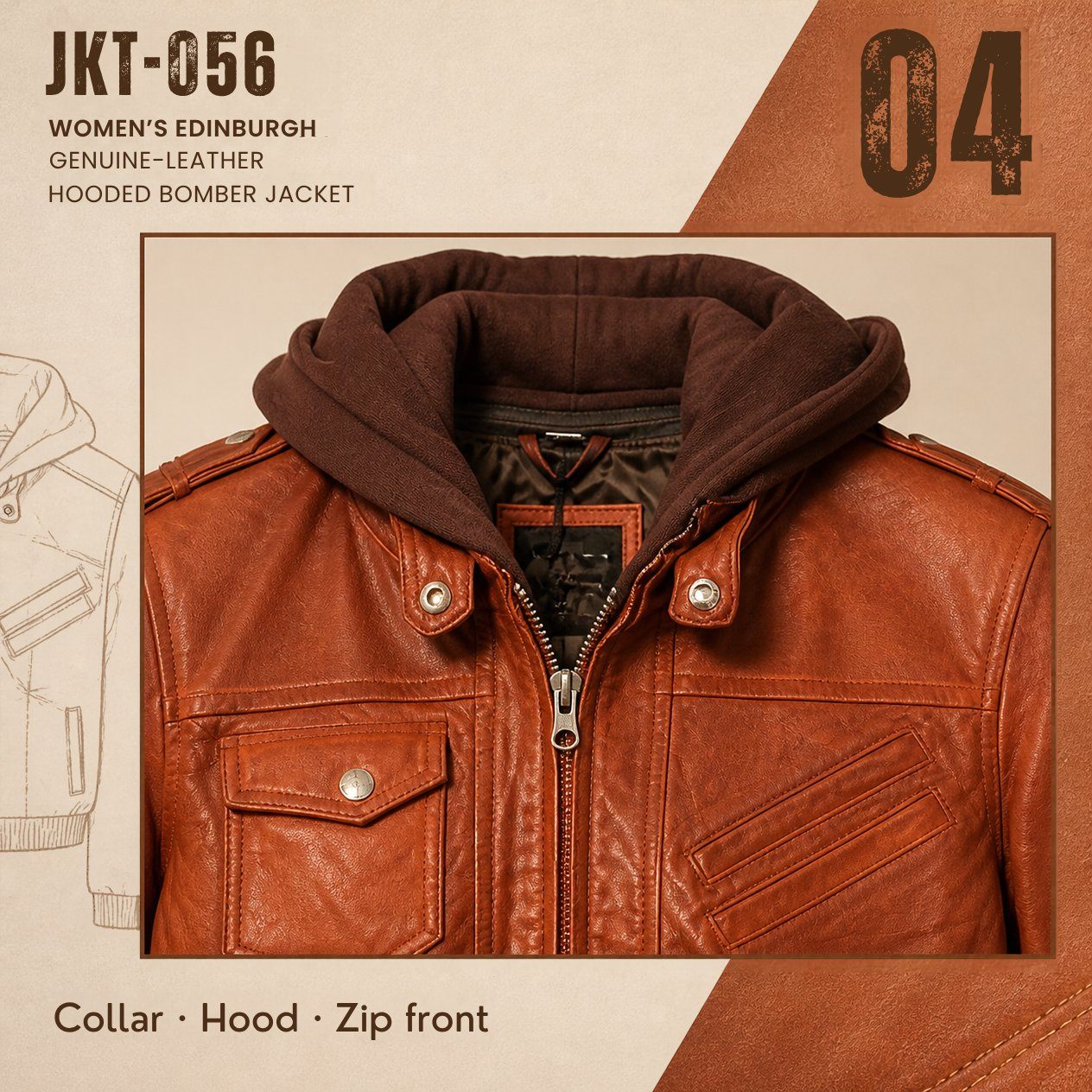 JKT-056 — Women's hooded leather jacket — brand new, size L - photo 3