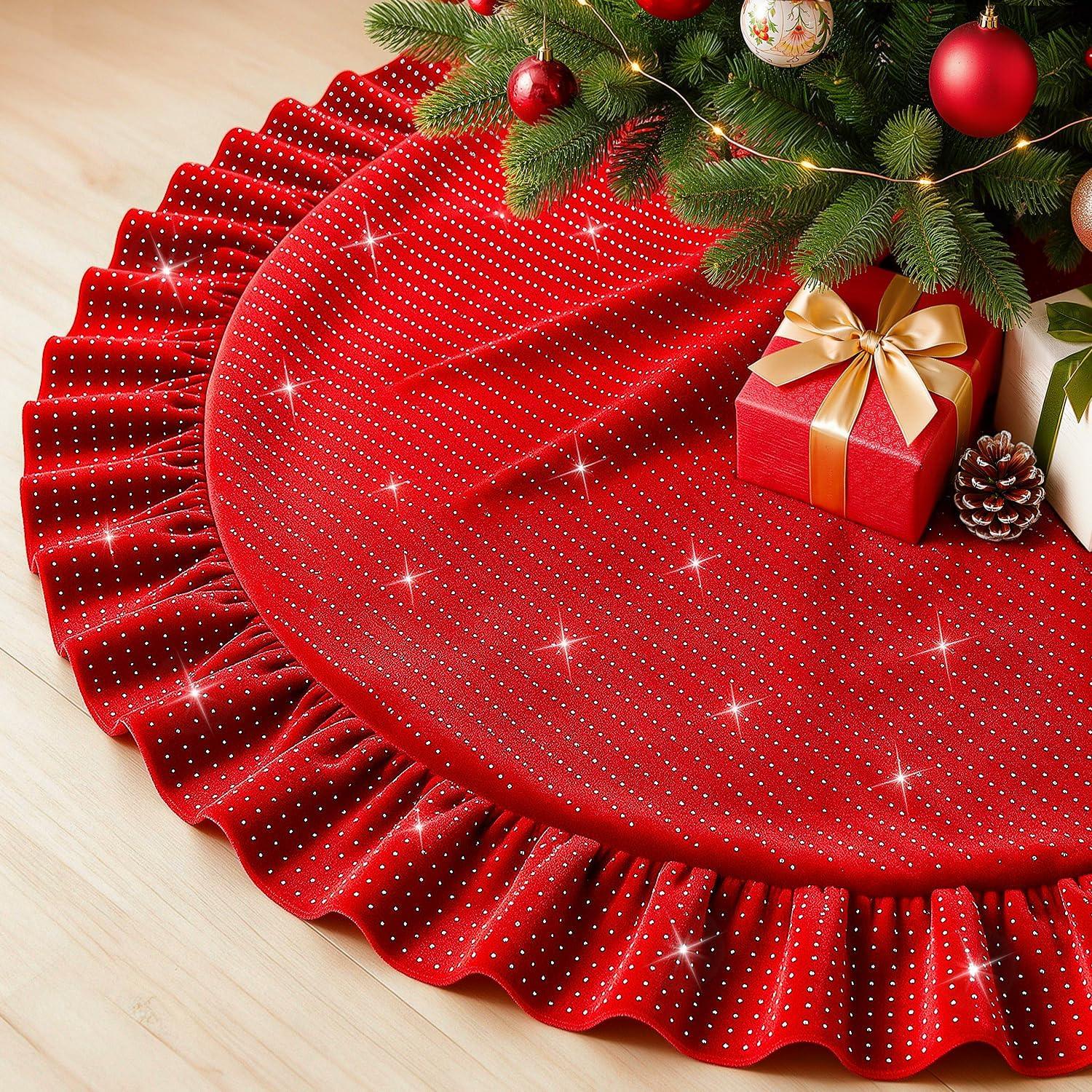 • 48" Red Velvet Christmas Tree Skirt with Sequins & Ruffles