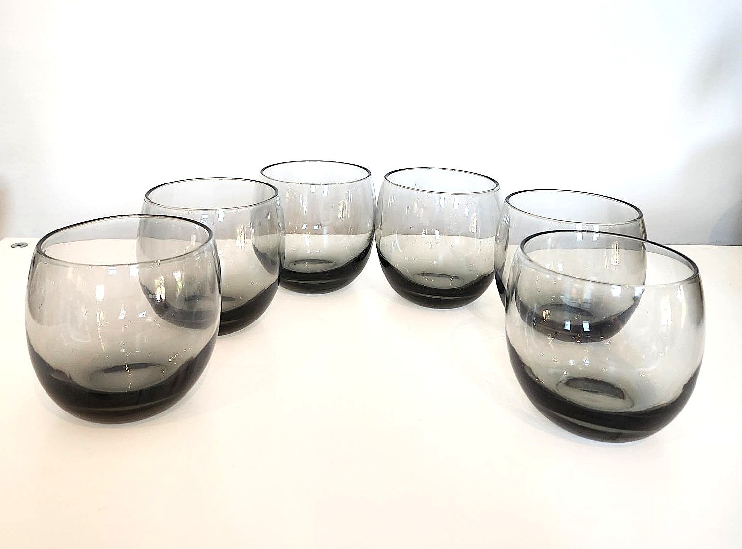 Vintage Smoky Grey “Roly Poly” Lowball Glasses, 10 oz (6-Set)