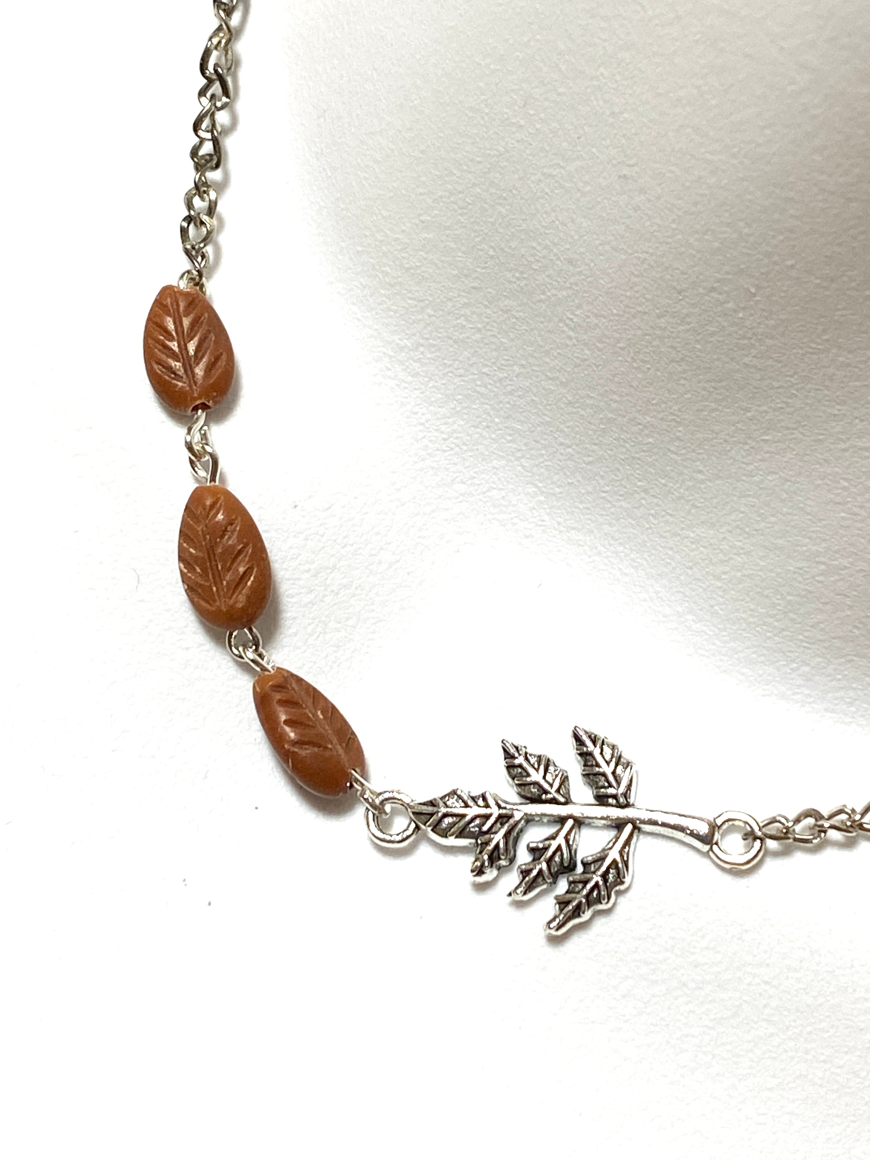 Brick Red Jasper Leaf Branch Short Necklace, Stainless Chain - photo 3