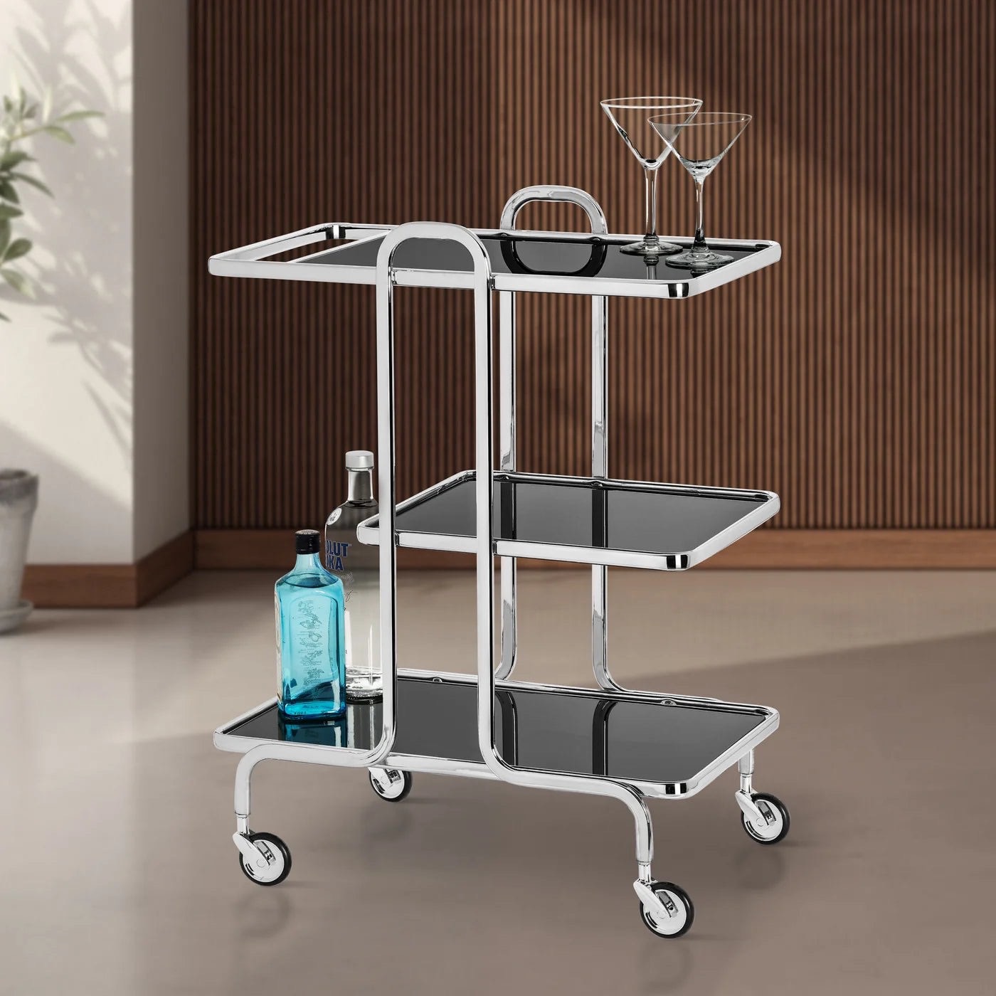 Modern Chrome & Black Glass 3-Tier Rolling Bar Cart - Like New