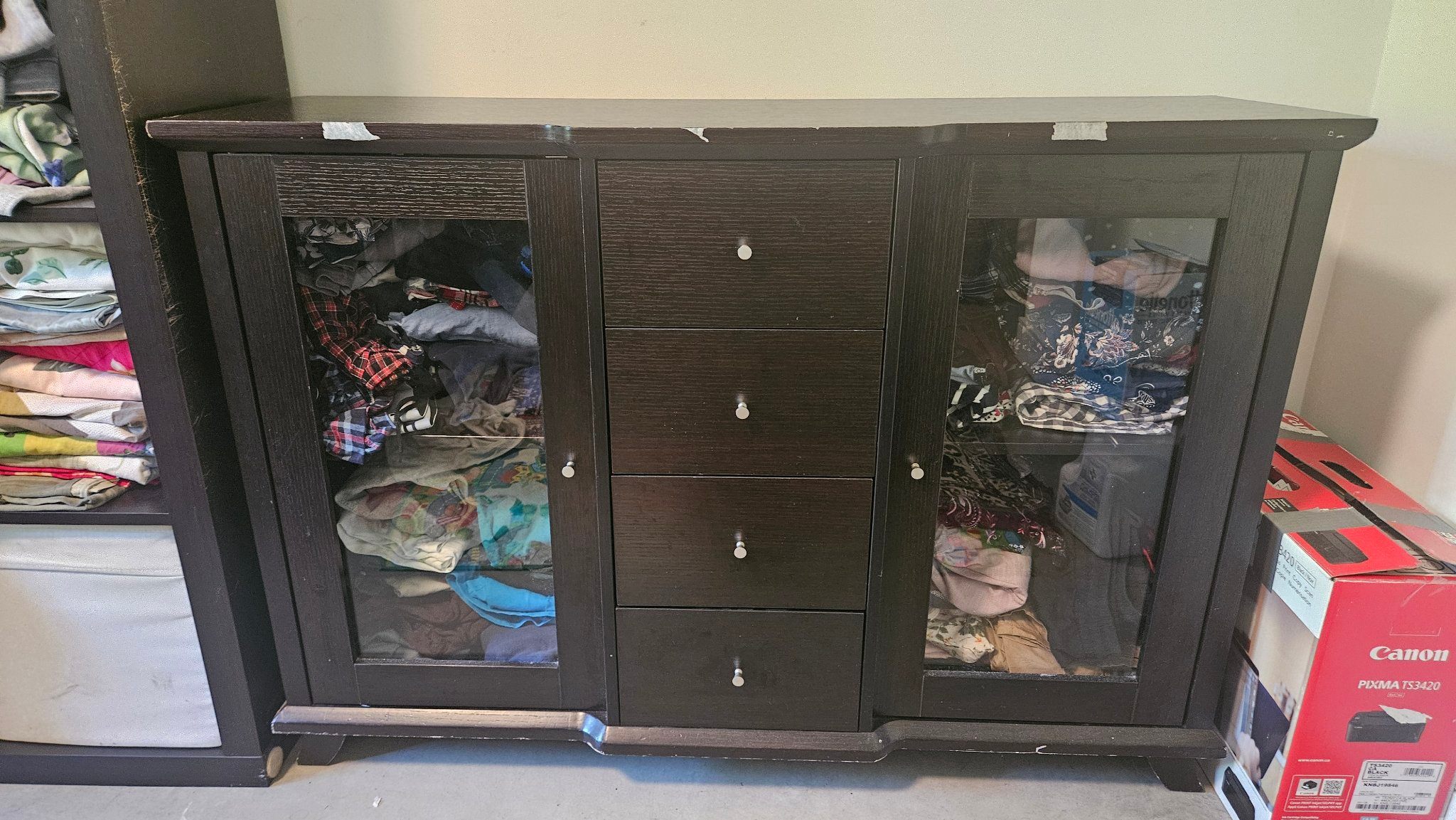 Dark Wood Sideboard with Glass-Door Cabinets (4 Drawers)