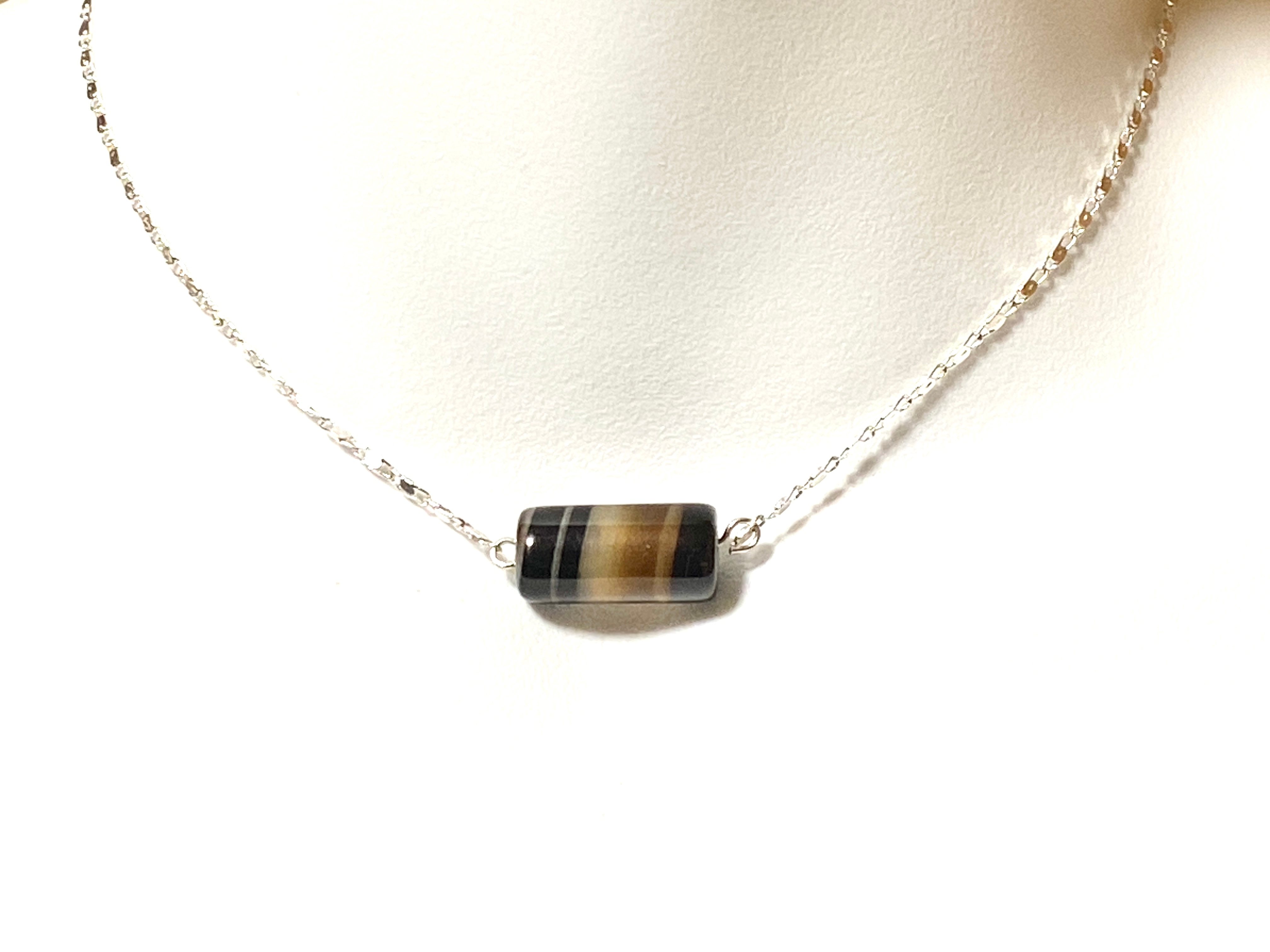 Eye Agate Short Necklace, Gemstone Bar Pendant Stainless Chain - photo 2