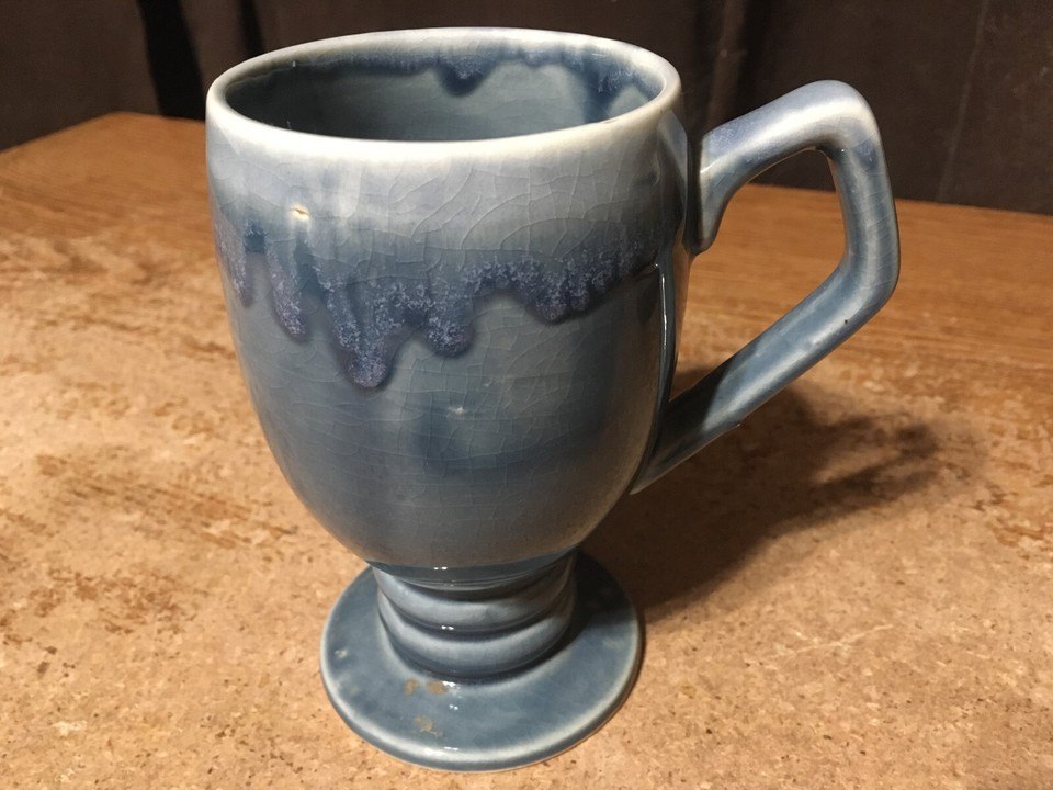 VINTAGE BLUE GLAZED POTTERY IRISH COFFEE PEDESTAL MUG