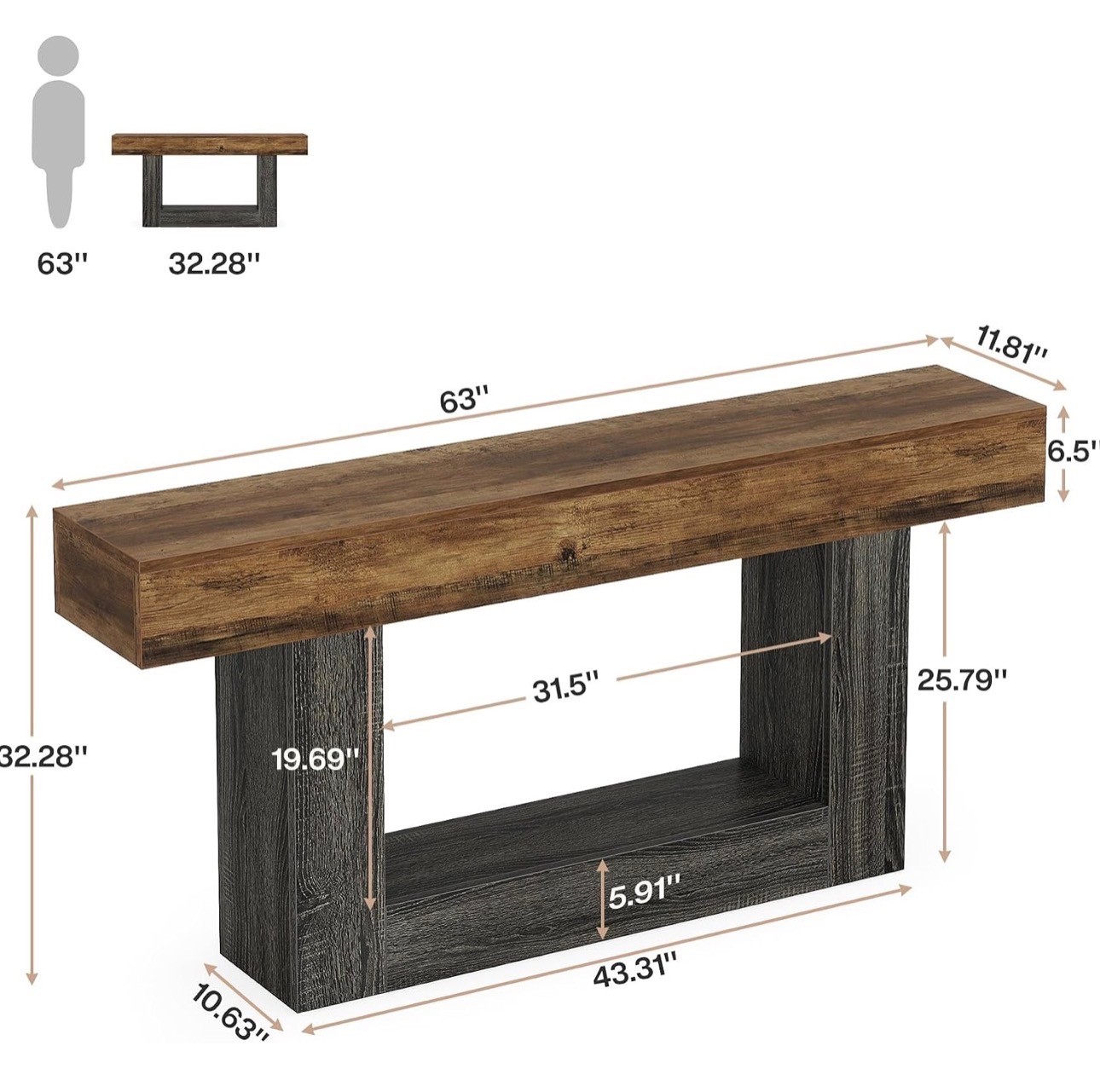 63" Two-Tone Console Table – Rustic Brown & Grey, New - photo 5