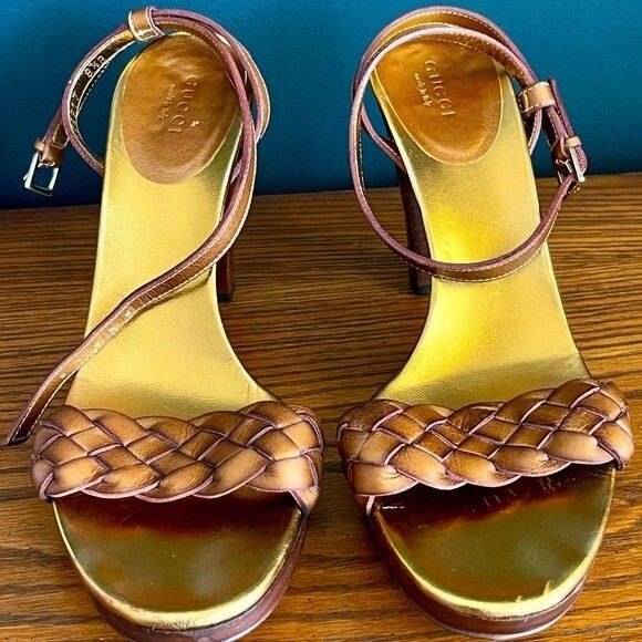 GUCCI Leather Braided Platform Heeled Sandals Gold Size 8.5