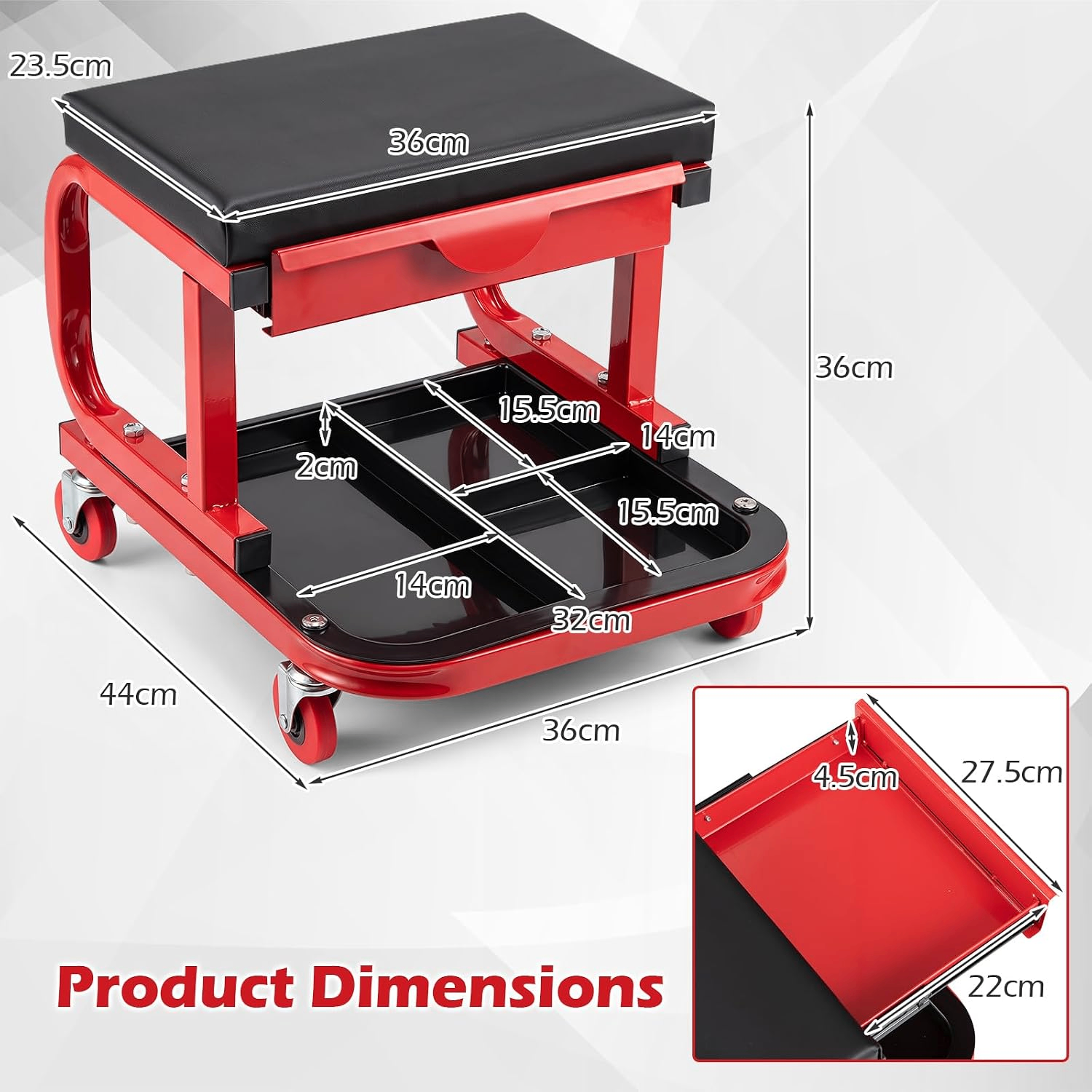 Goplus Rolling Mechanic Stool with Drawer Tool Tray 150KG