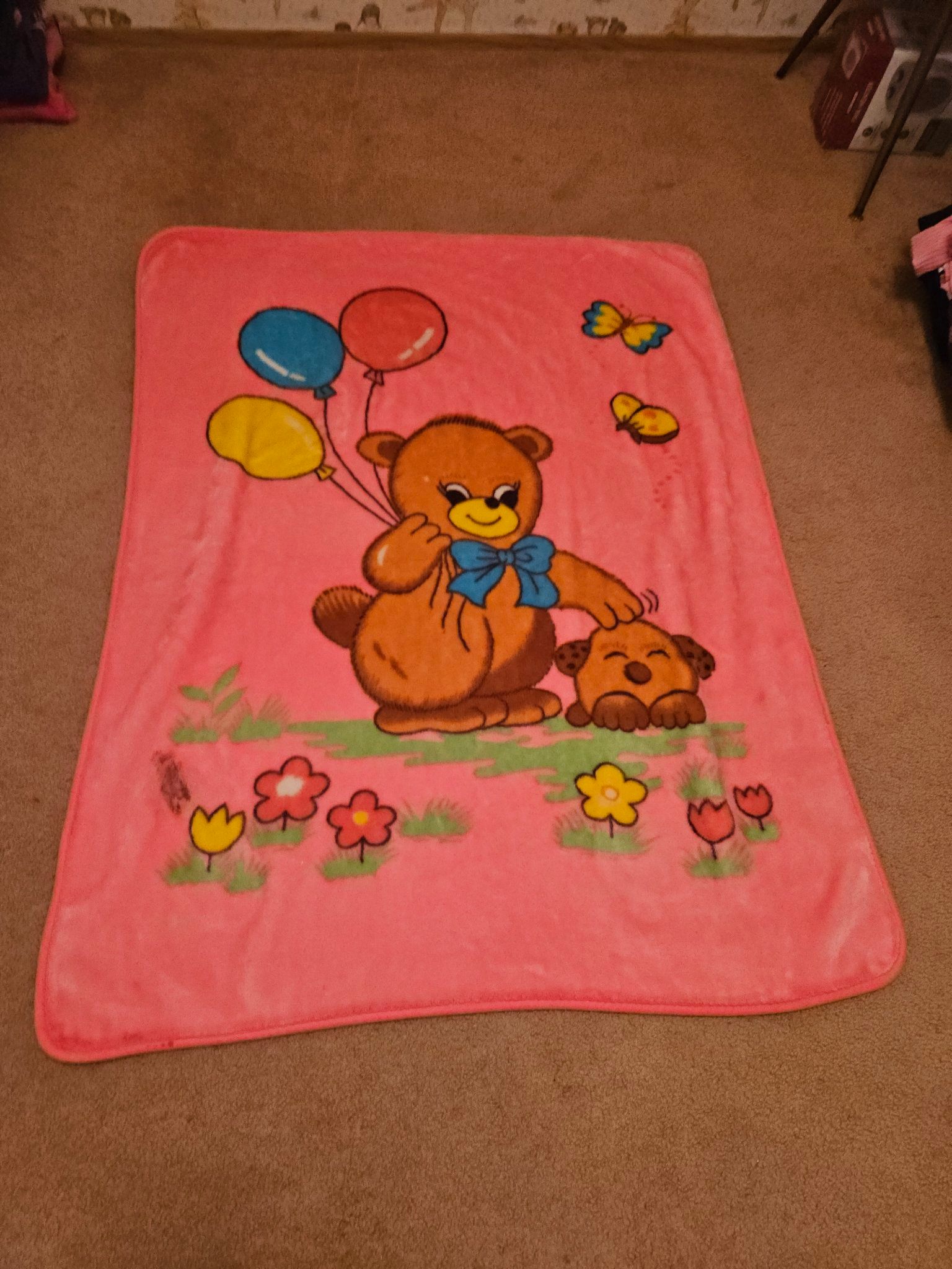 Teddy Bear Balloons Pink Blanket - Good Condition