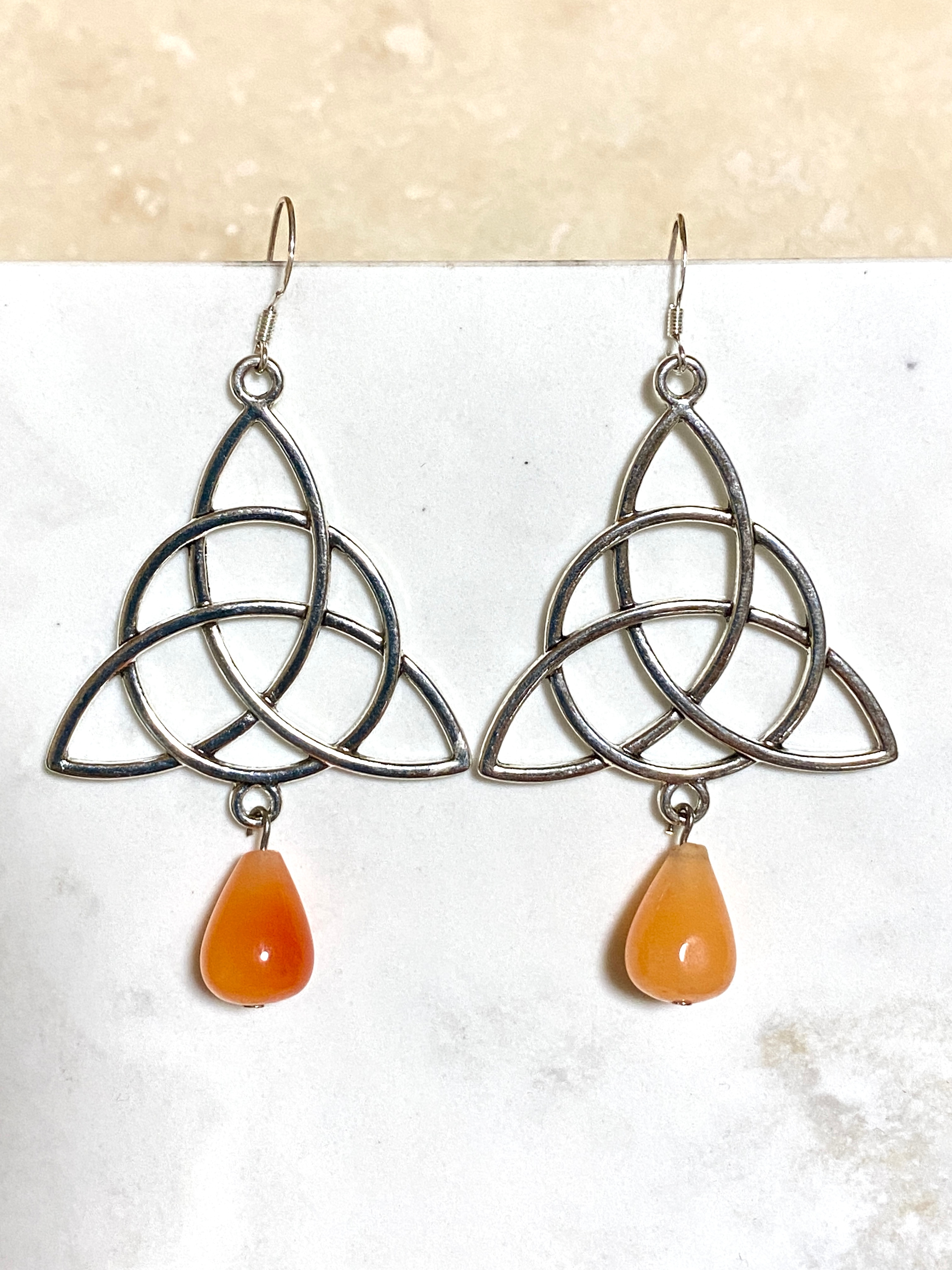 Orange Carnelian Agate Celtic Trinity Earrings, 925 Silver Hook