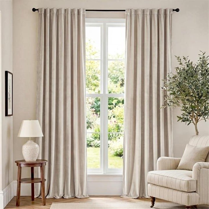 New - Velvet Curtains - Beige Rod Pocket 52in